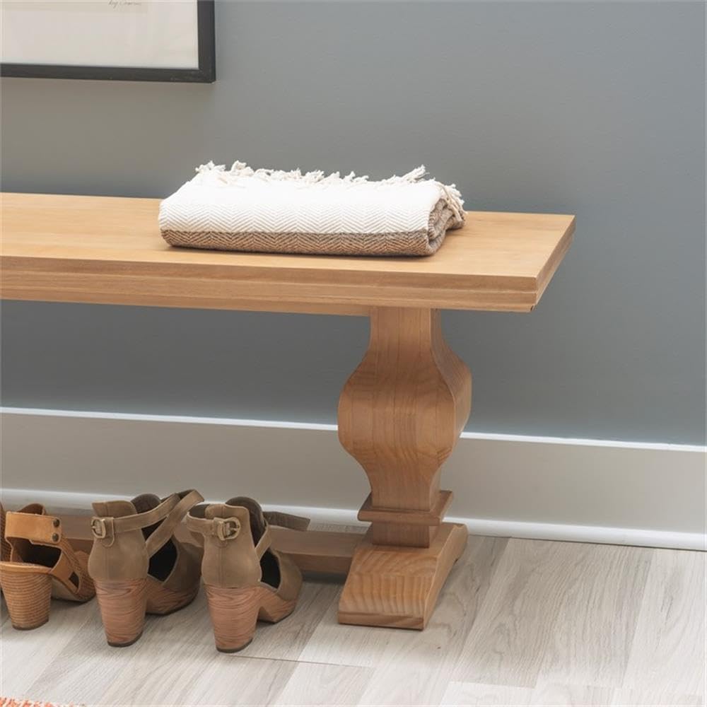 Linon Larson Solid Pine Wood Double Pedestal Bench - Rustic Honey Brown Finish | Durable Entryway, Bedroom, or Dining Room Seating Bench