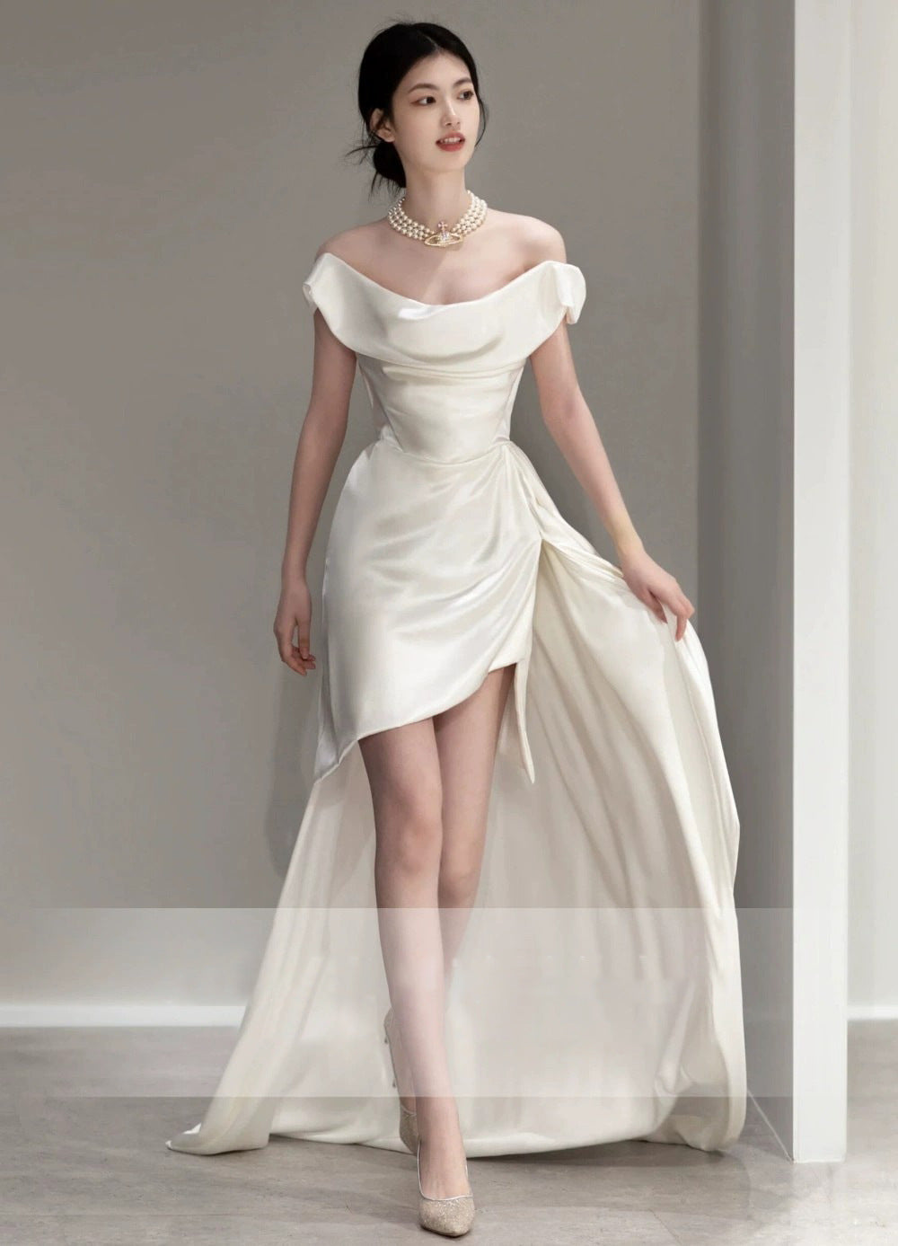 2025 White Satin Light Wedding Dress | One Shoulder Front Short Back Long Design | Perfect for Bridal, Party & Birthday Celebrations