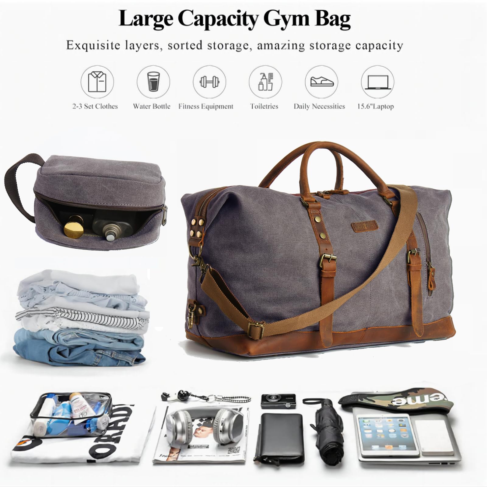 Premium Men's Duffle Bag - Waterproof Leather & Canvas Weekender Travel Bag with Detachable Toiletry Pouch | Perfect for Gym, Business Trips & Weekend Getaways