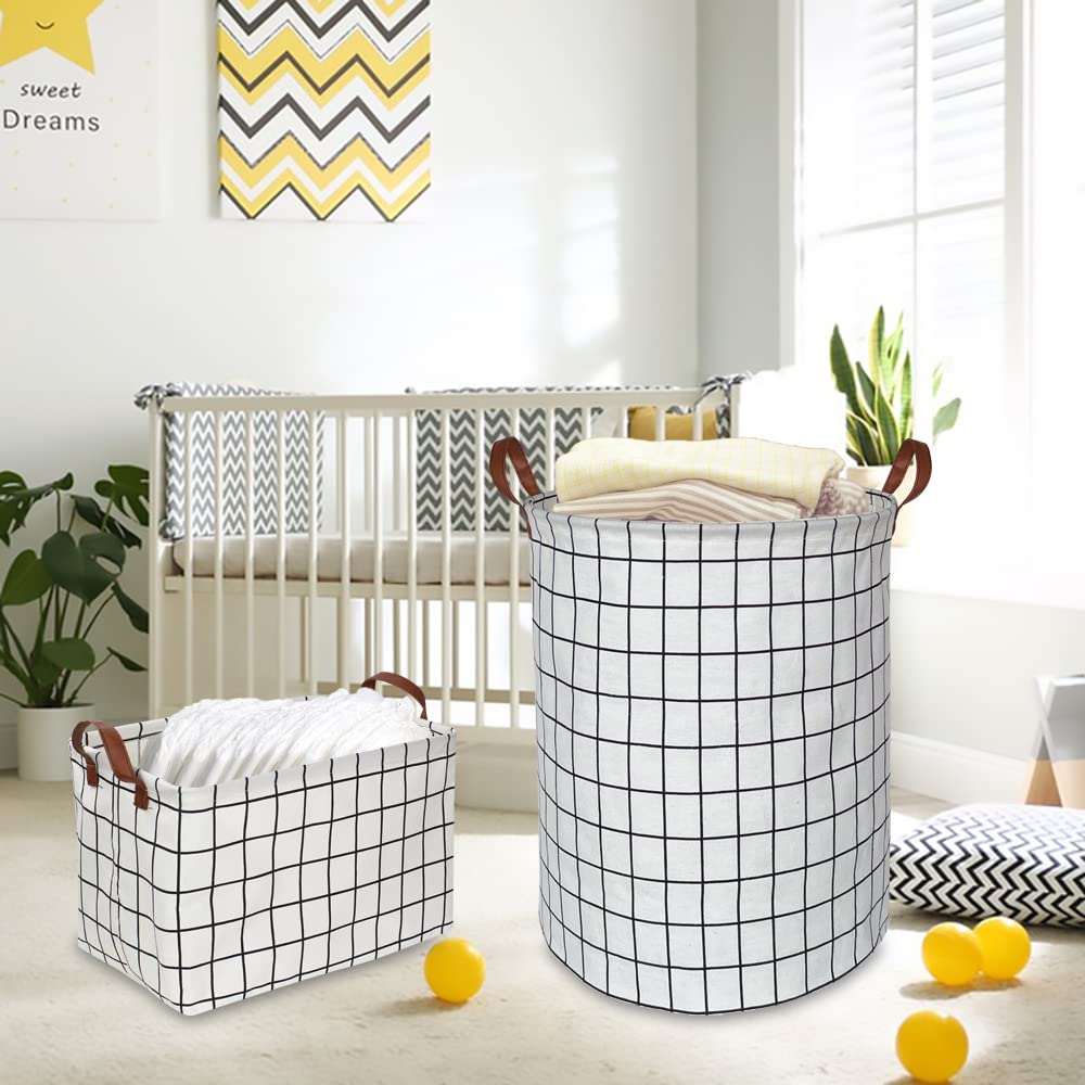 CLOCOR Rectangular Collapsible Storage Basket with Handles - Waterproof Coating Organizer Bin for Toys, Books & Home Decor - White Check Pattern | Perfect for Nursery, Playroom & Closet Organization