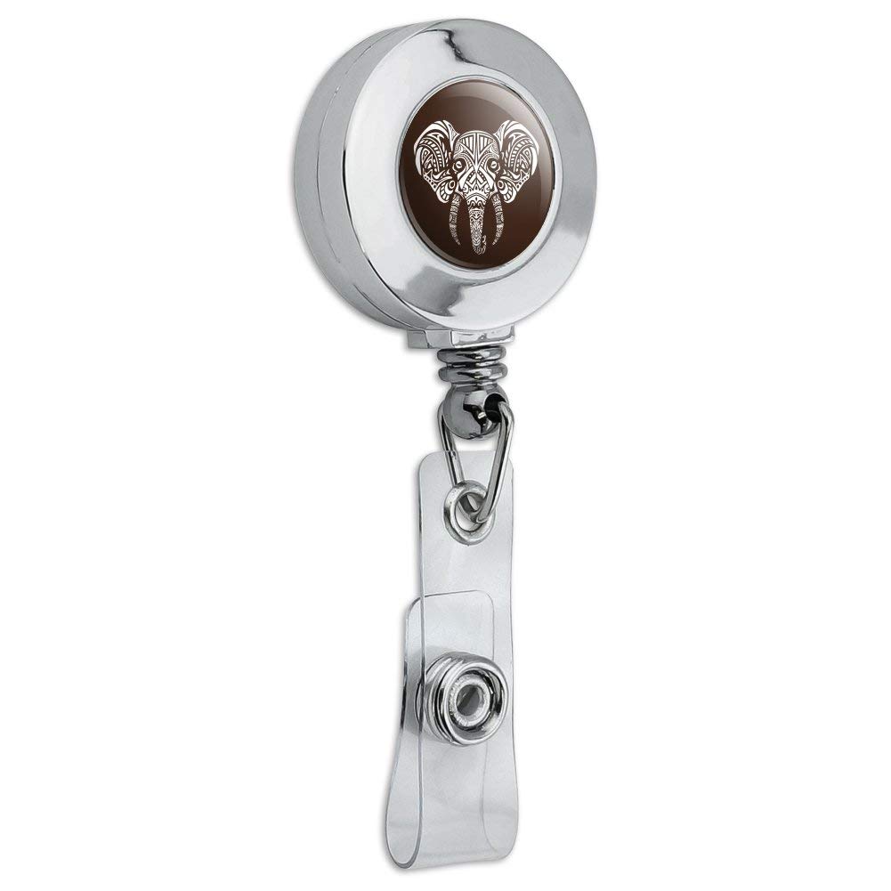 White African Elephant Tribal Retractable ID Badge Holder - Chrome Metal Reel Clip for Work Security, Office Access & Event Lanyards