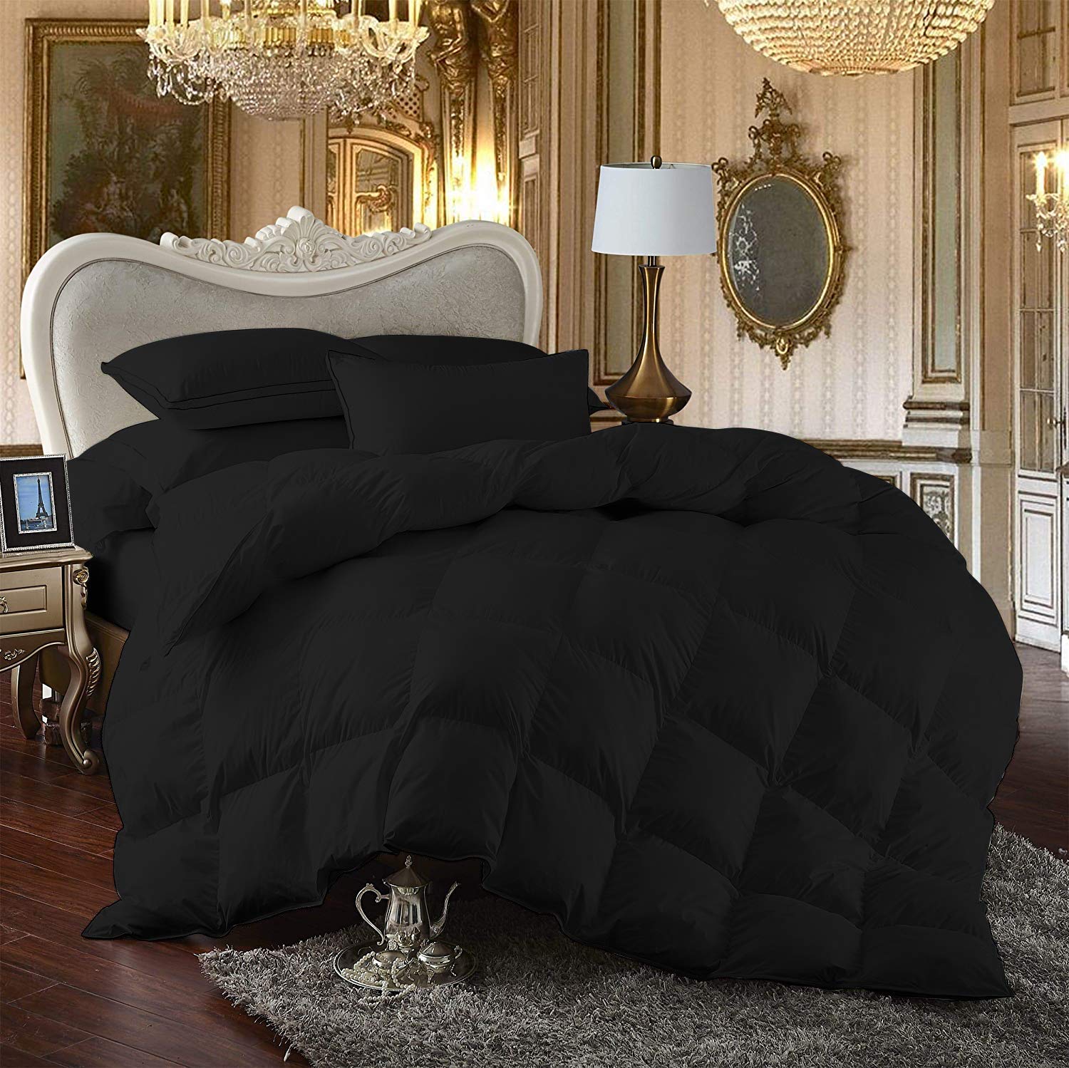 Luxurious 100% Egyptian Cotton Comforter - Full/Queen Size, 600 Thread Count, 750 Fill Power, 50 Oz Fill Weight - All Season Black Bedding for Ultimate Comfort & Style - Perfect for Master Bedrooms, Guest Rooms & Cozy Nights