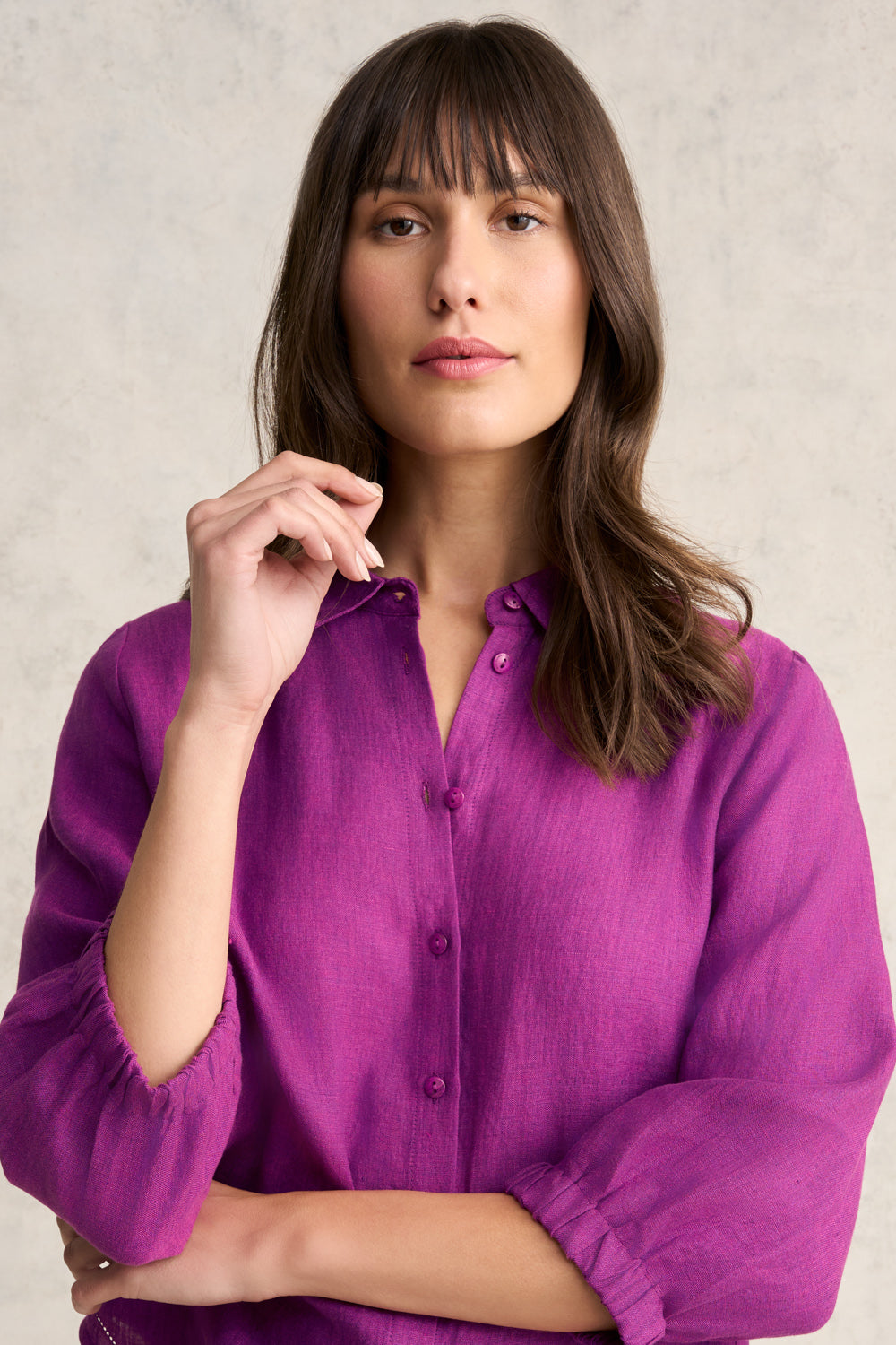 Breathable 3/4 Sleeve Linen Shirt for Women - Soft Purple Cross-Dye Casual Top | Perfect for Summer Outfits, Beach Wear & Boho Style