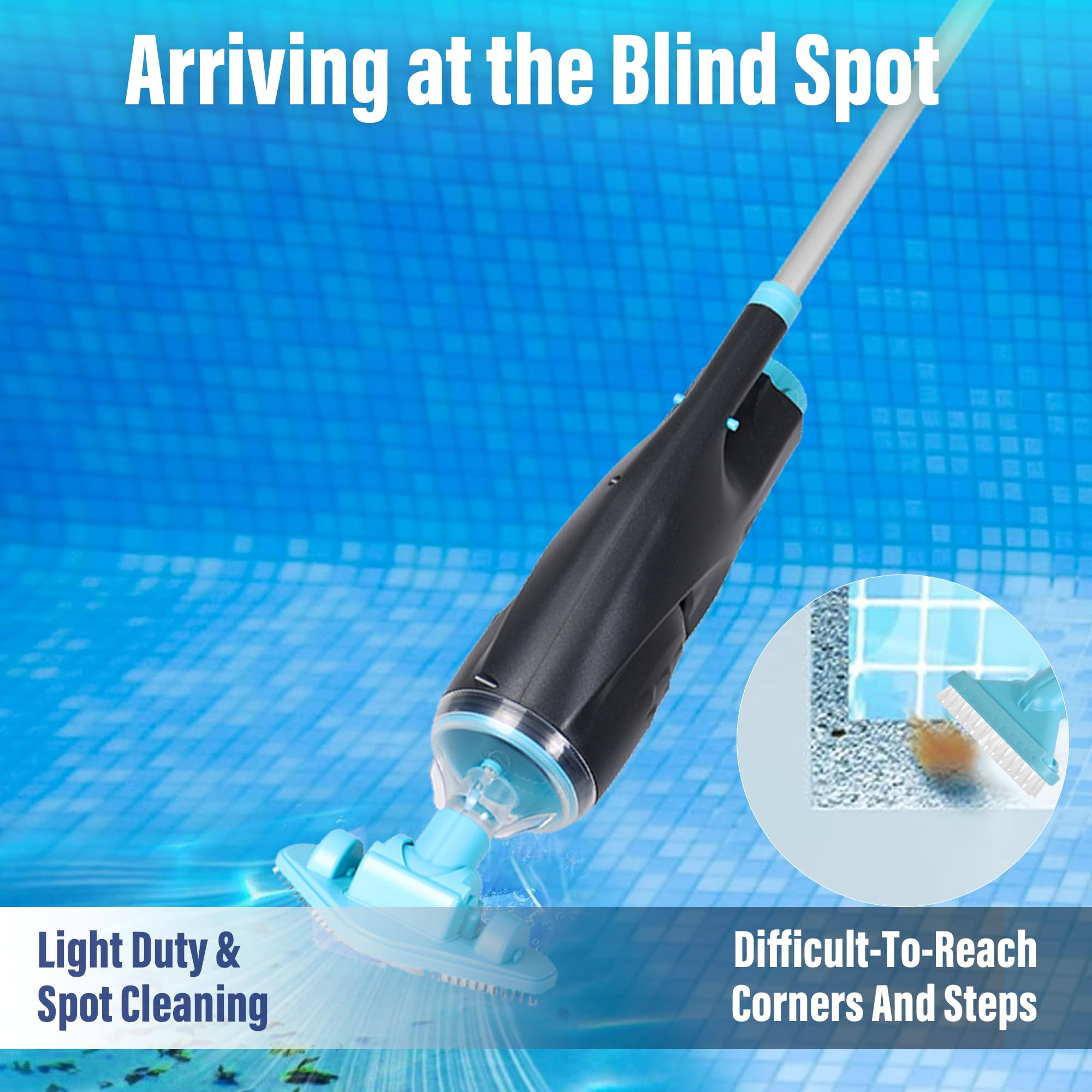Rechargeable Cordless Pool Vacuum - Adjustable Pole & Brush Heads for Above-Ground Pools & Spas