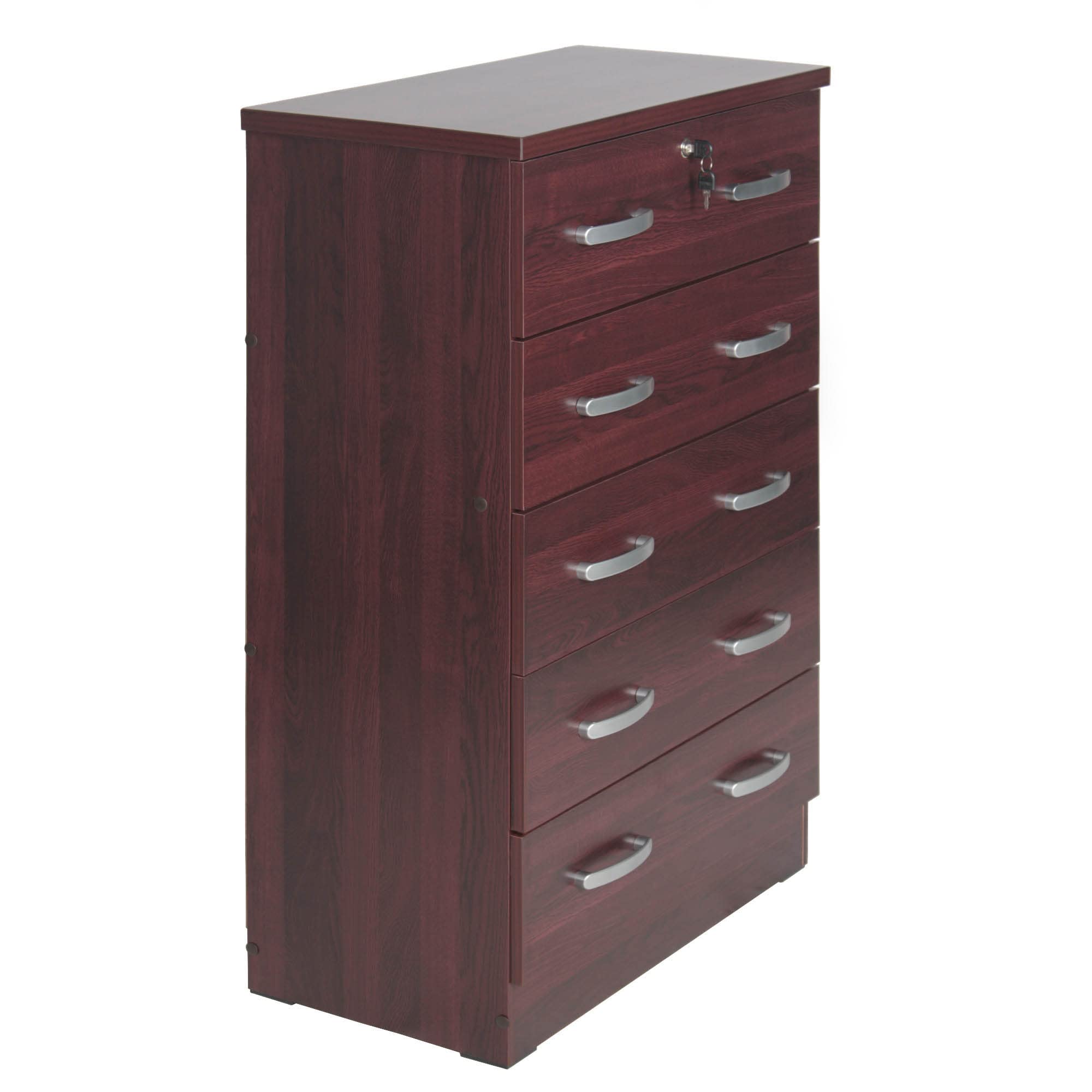 Better Home Products Cindy 5-Drawer Wooden Dresser with Lock - Solid Mahogany Chest for Bedroom Storage & Organization | Perfect for Home, Office, or Dorm Room