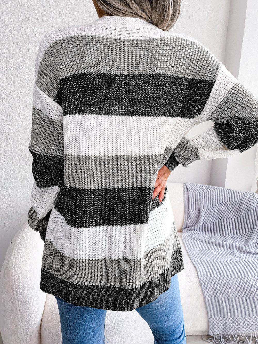 Women's Plaid Sweater Cardigan with Lantern Sleeves - Casual Long Sleeve Open Front Jacket for Fall & Winter - Perfect for Office, Date Night and Weekend Outfits