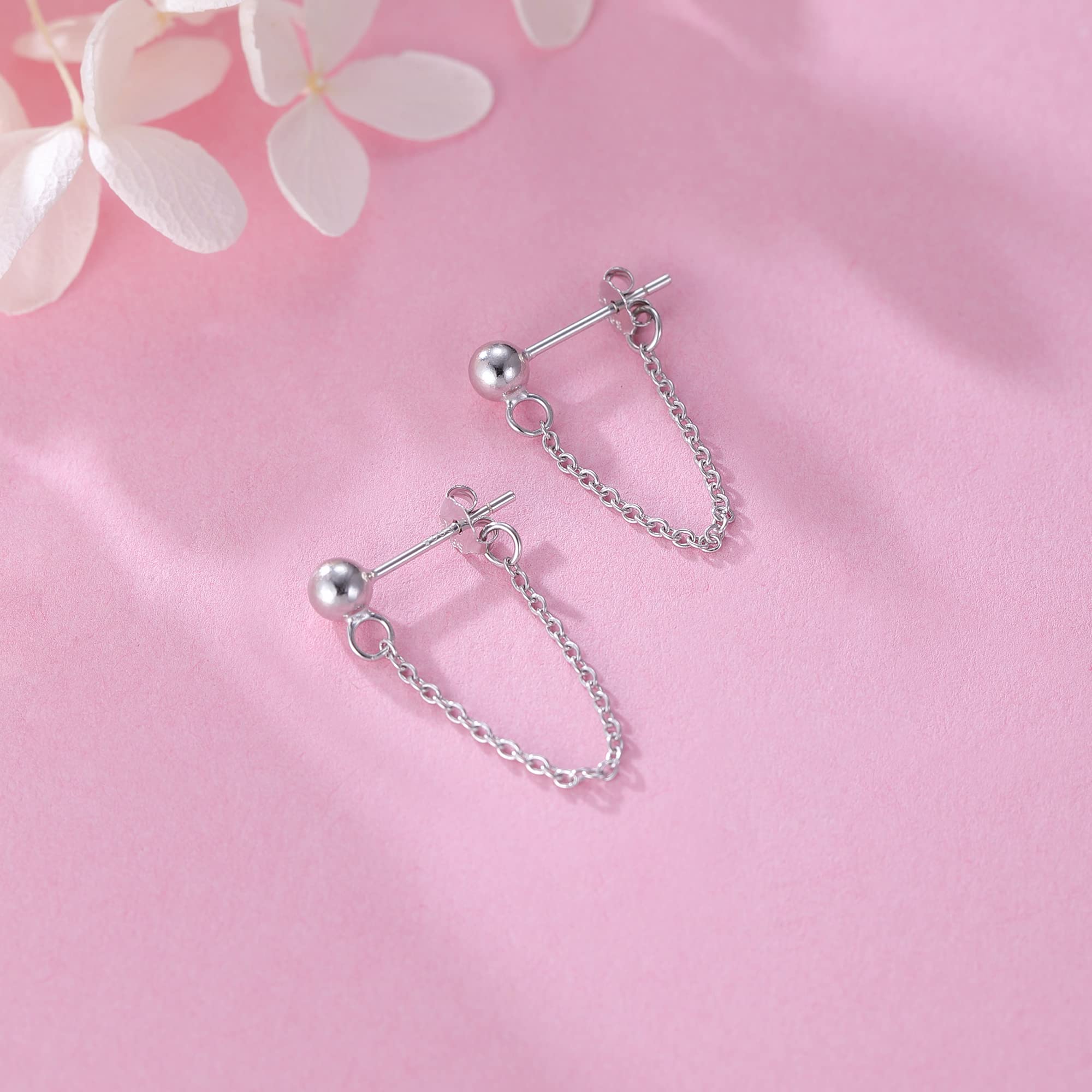 Refeer Minimalist Ball Earrings with Chain Dangle - 925 Sterling Silver Stud Earrings for Women & Teens | Elegant Everyday Wear, Party & Gift Jewelry