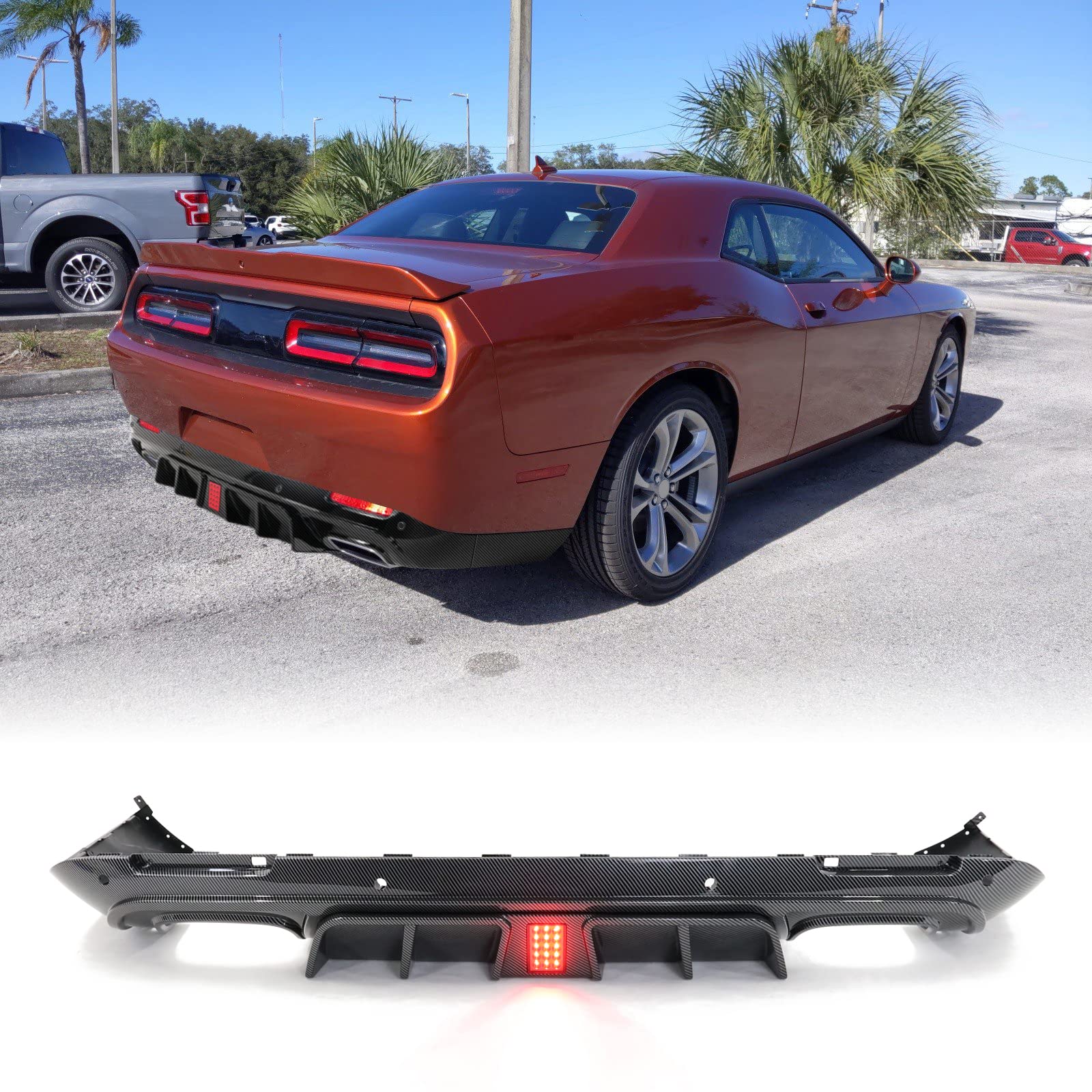FREEMOTOR802 Rear Diffuser for 2015-2023 Dodge Challenger | IKON V6 Style Carbon Fiber Print PP Bumper Molding Lip | 4-Piece Lower Valance Diffuser & Shark Fin Splitter Kit | Perfect for Car Shows & Street Performance Upgrades