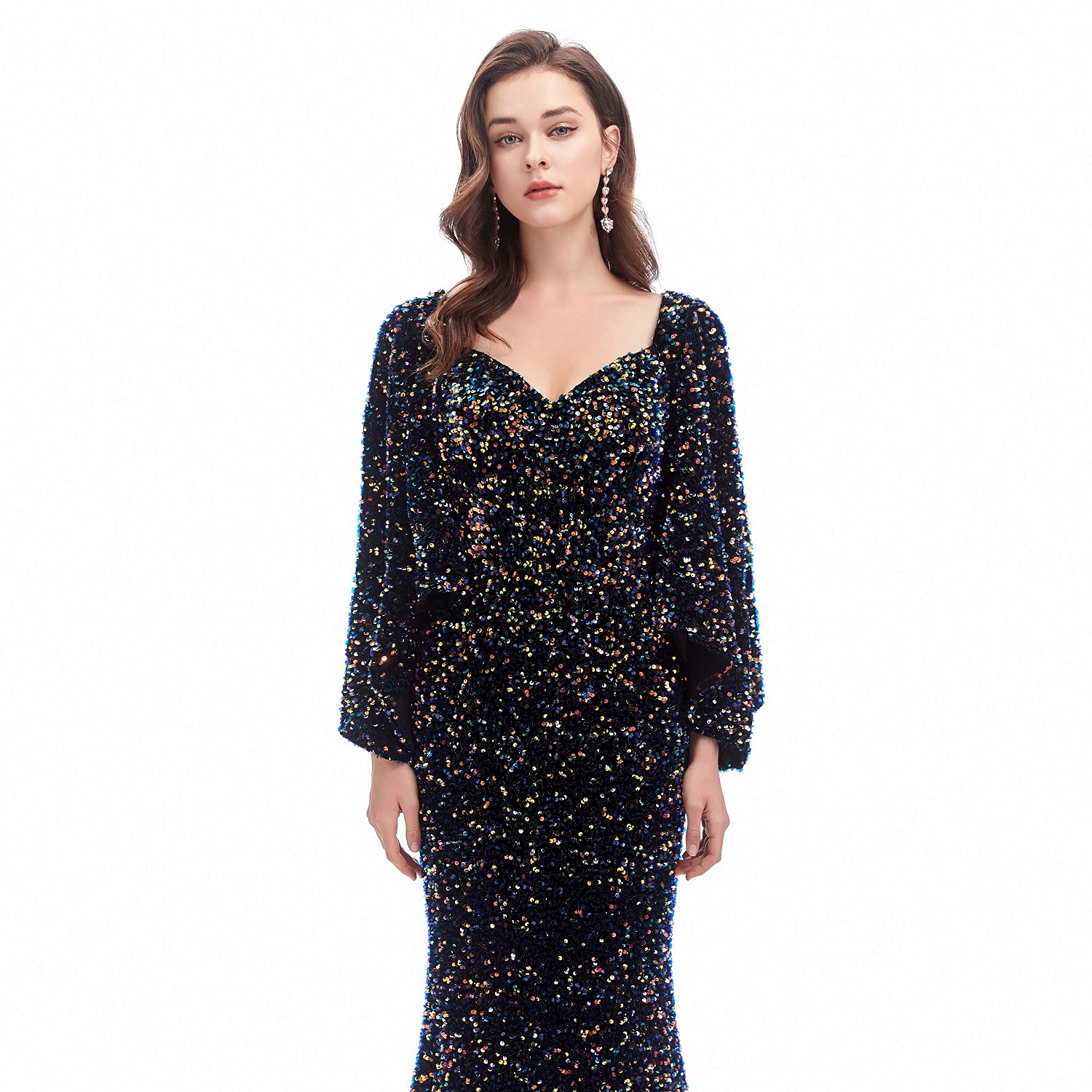 Engerla Sexy Long Sleeve Mermaid Party Dress - Black Sequins Lace Evening Gown Formal Maxi Dress for Prom, Homecoming, Cocktail Party & Special Occasions