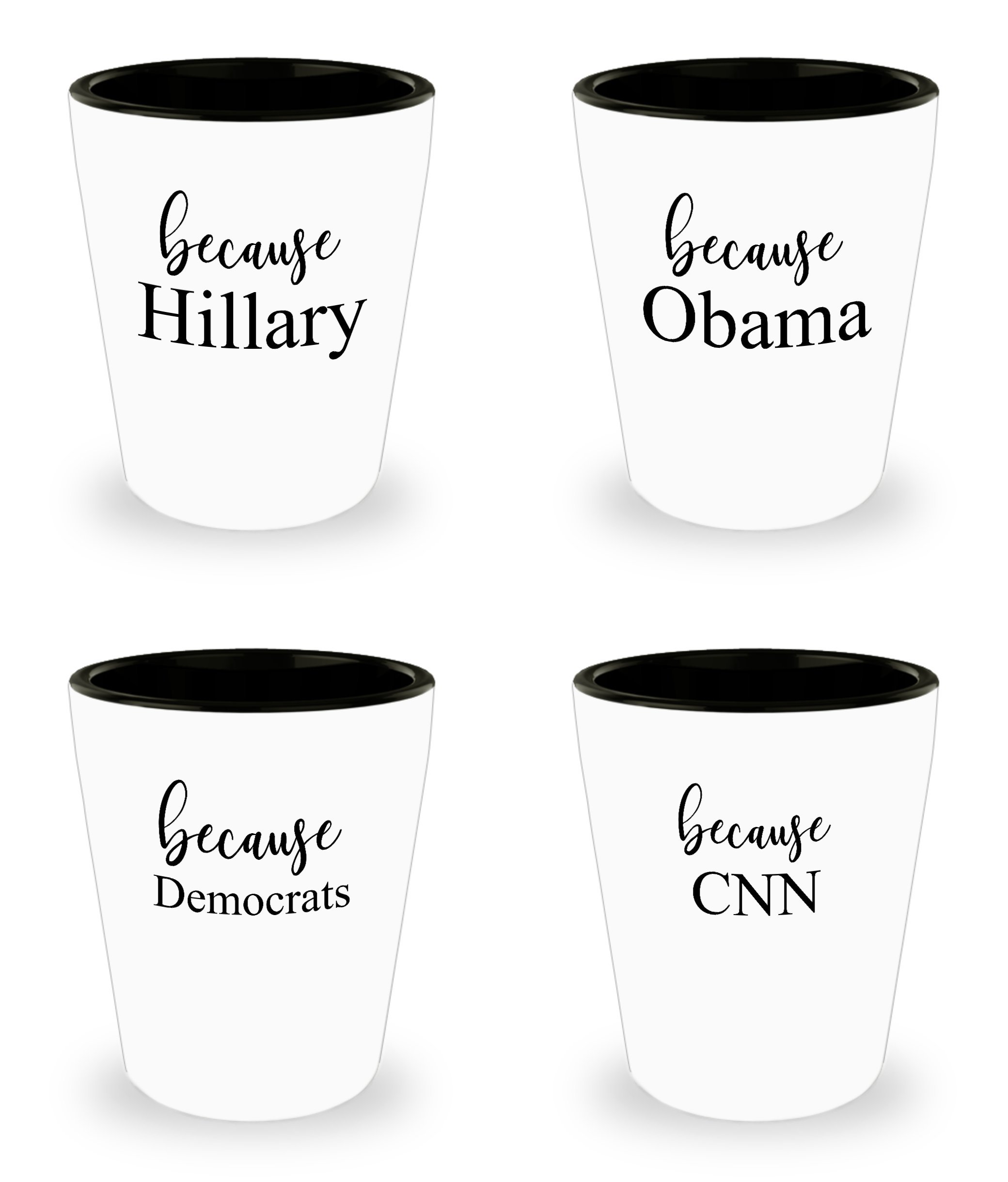 Robyn-Michele Design Co. - Set of 4 Funny Political Shot Glasses (I Drink Because CNN, Democrats, Hillary, Obama) - GOP Humor Gift for Republicans - Perfect for Election Parties & Political Gatherings
