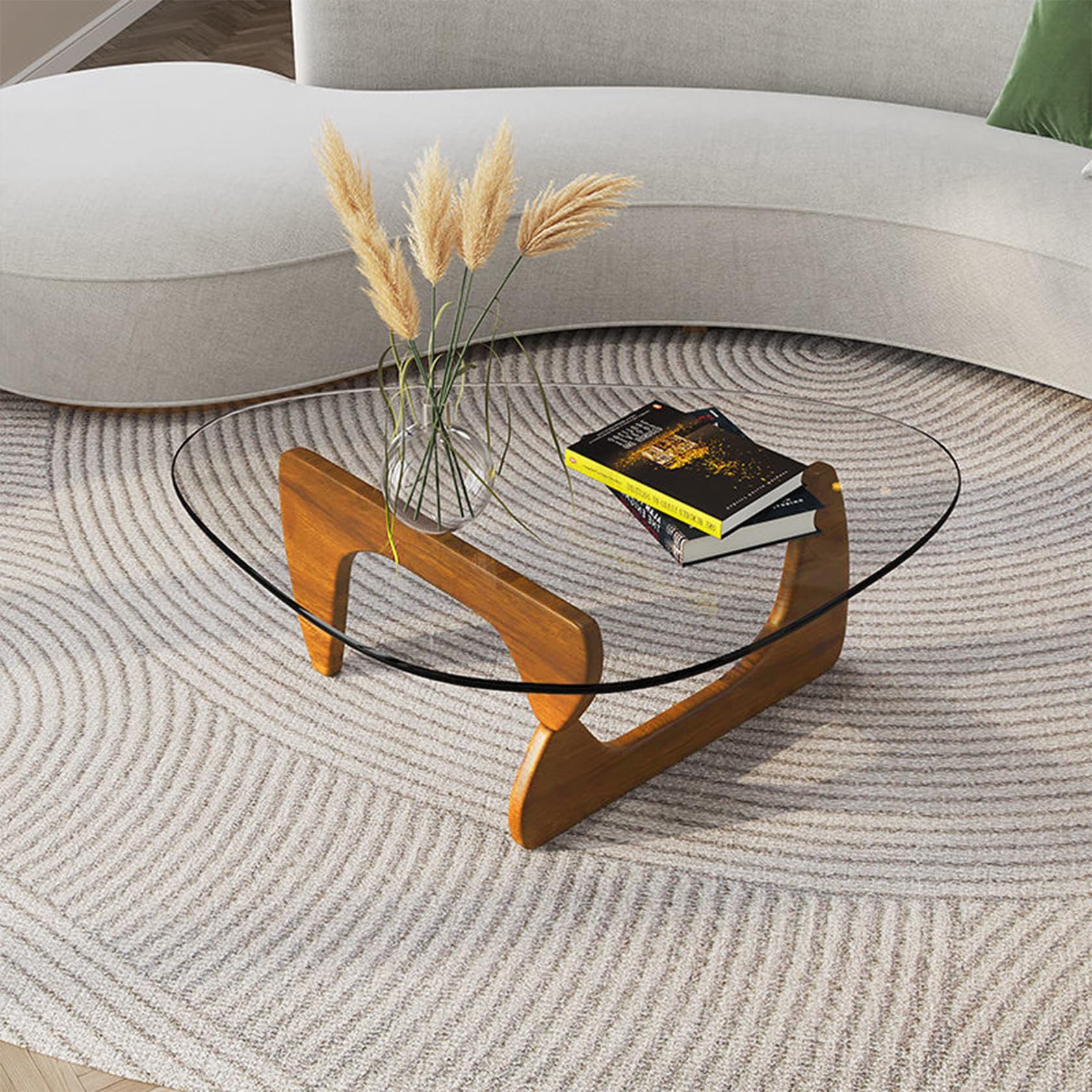 Mid-Century Modern Triangle Glass Coffee Table with Wooden Base - Walnut & Transparent Design for Living Room, Study, Office, Hotel or Balcony - 35.8