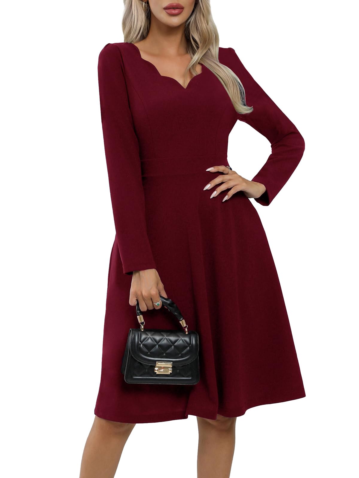 Vintage 50s Women's Elegant Scallop Trim V-Neck Swing Dress - A-Line Cocktail Party & Casual Work Dress with Pockets | Perfect for Office, Date Night, and Special Occasions