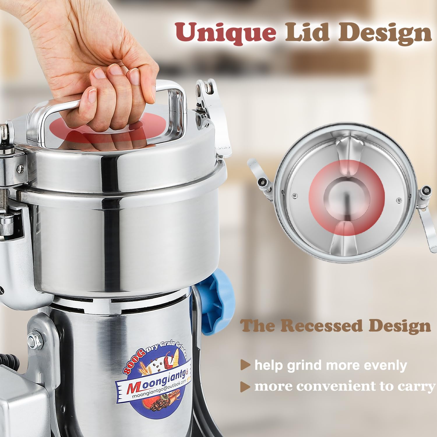 Moongiantgo 800g 2600W High-Speed Electric Grain Grinder - Stainless Steel Dry Spice Mill for Wheat, Corn, Rice, Coffee Beans & Herbs - 110V Commercial & Home Kitchen Use for Baking, Cooking & Meal Prep