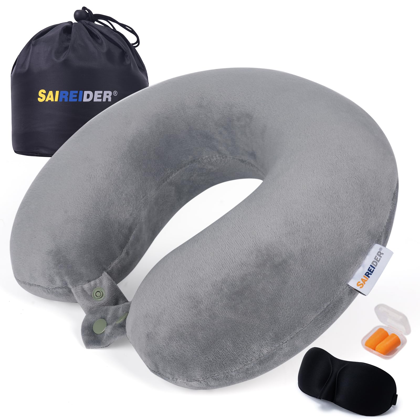 Saireider 100% Memory Foam Travel Neck Pillow - Adjustable Airplane Pillow for Neck Support, Prevents Head from Falling Forward - Perfect for Long Flights, Road Trips & Office Naps (Grey)
