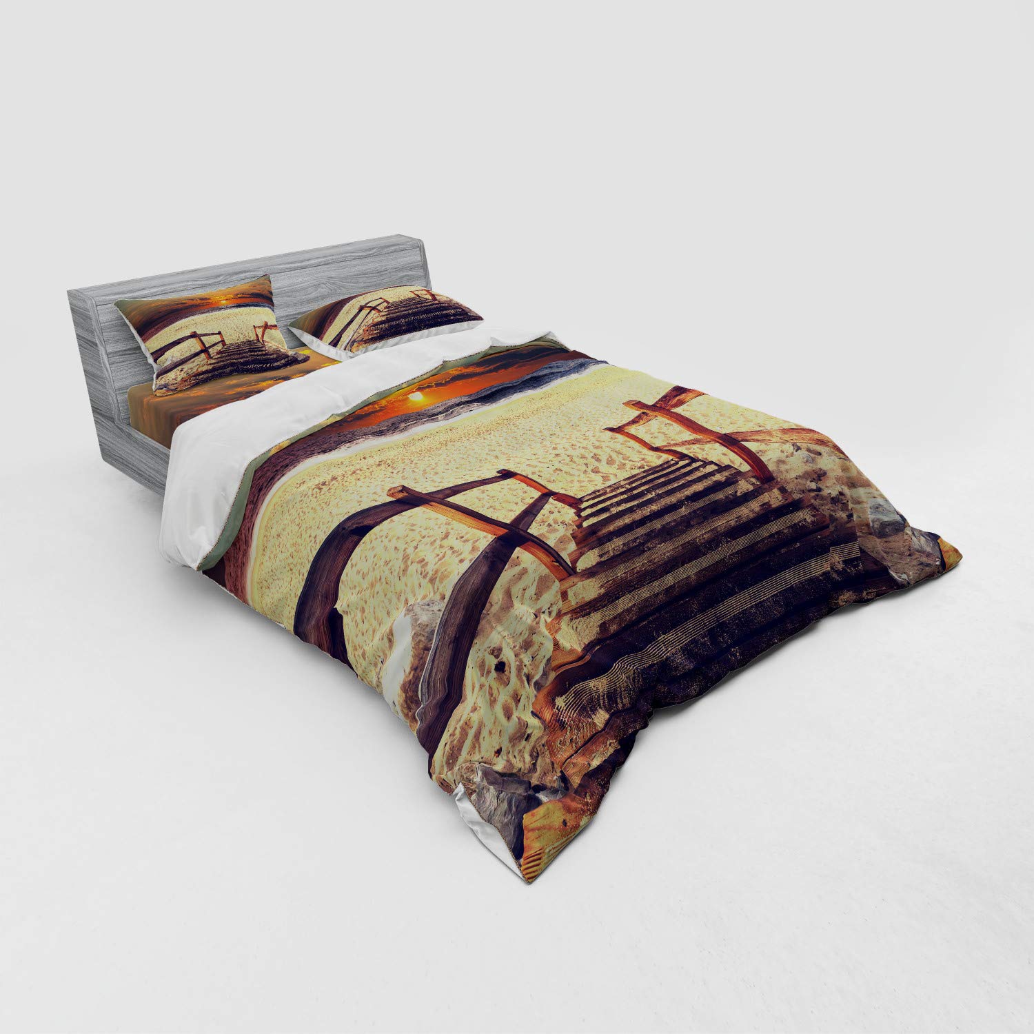 Ambesonne 4-Piece Beach Themed Duvet Cover Set - Stairs to Shoreline with Dramatic Sunset Horizon Design, Queen Size Orange Cream Bedding with Shams & Fitted Sheet | Perfect for Coastal Decor, Guest Rooms & Vacation Home Bedrooms