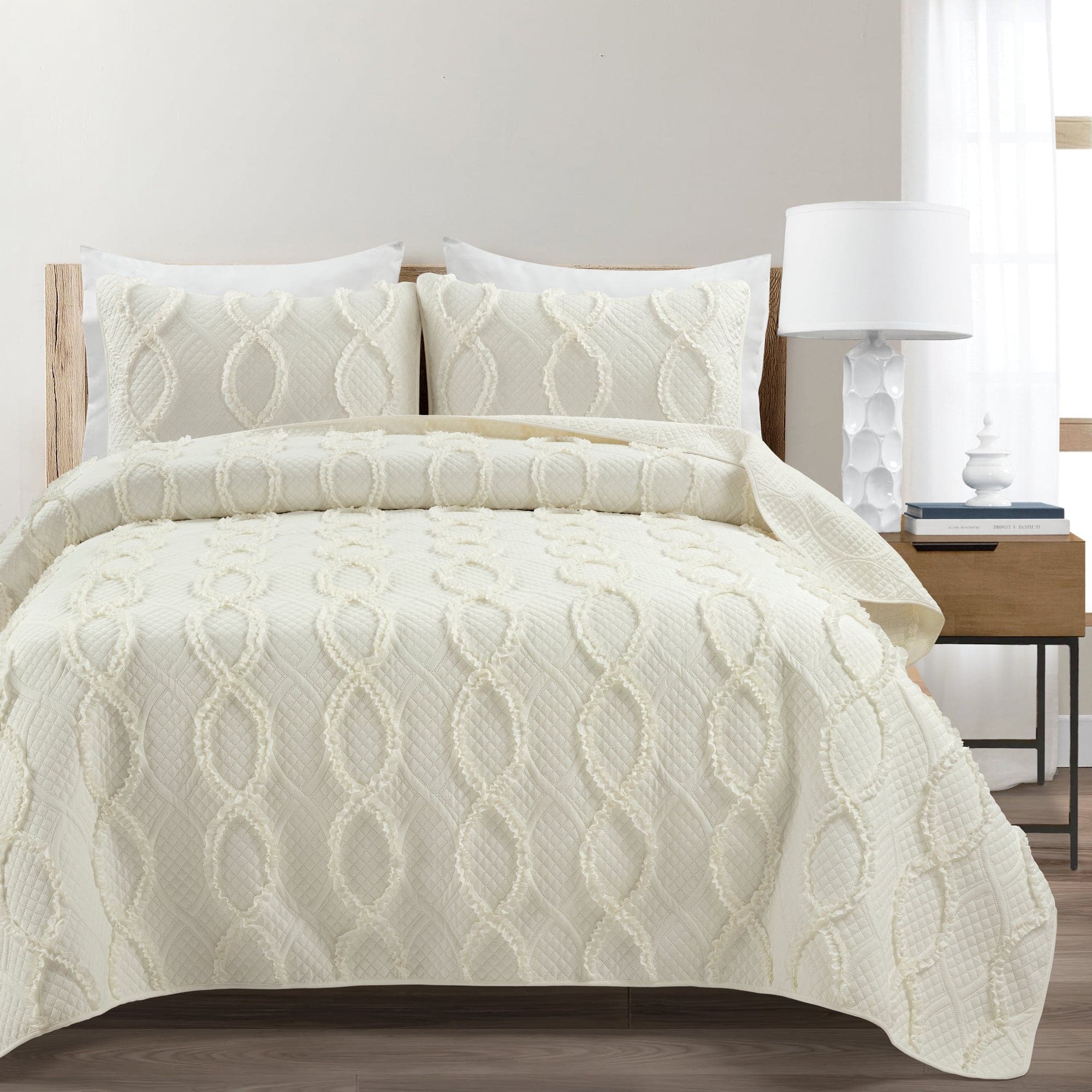Avon Textured Ruffle Quilt 3-Piece Bedding Set - Soft & Stylish Comforter, Pillow Shams & Bed Skirt for Cozy Bedroom Decor