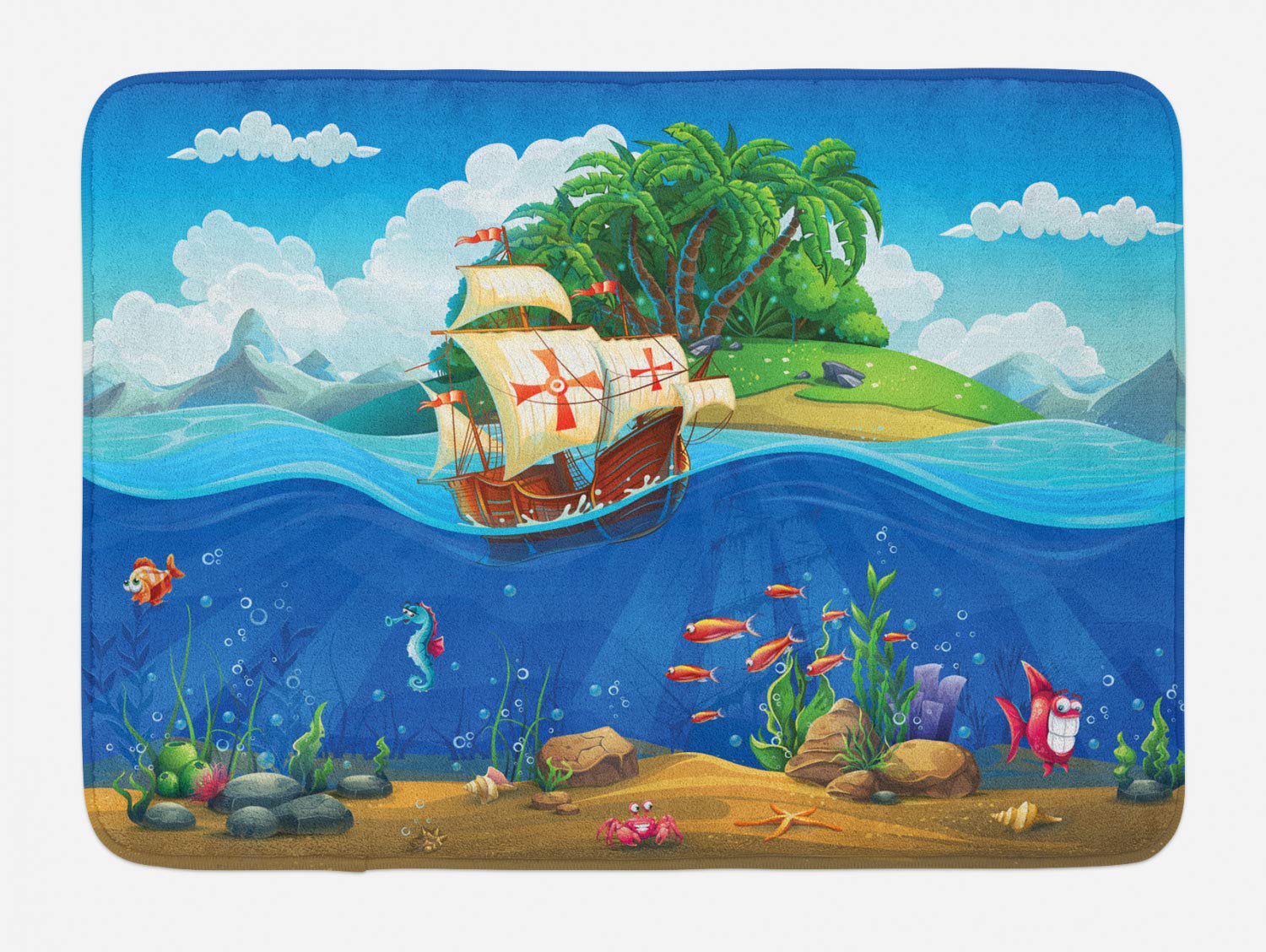 Ambesonne Non-Slip Island Bath Mat - Cartoon Underwater Scene with Portuguese Caravel, Plush Bathroom Decor, 30.2 x 20 Inches, Cobalt Blue & Multicolor - Perfect for Coastal Themed Bathrooms & Kids' Bathrooms