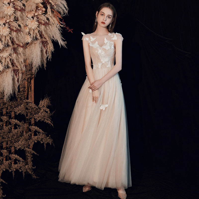 Elegant Light Champagne A-Line Butterfly Tulle Prom Dress for Fairy Formal Party | Homecoming, Quinceañera, Wedding Guest Gown (Style 317)