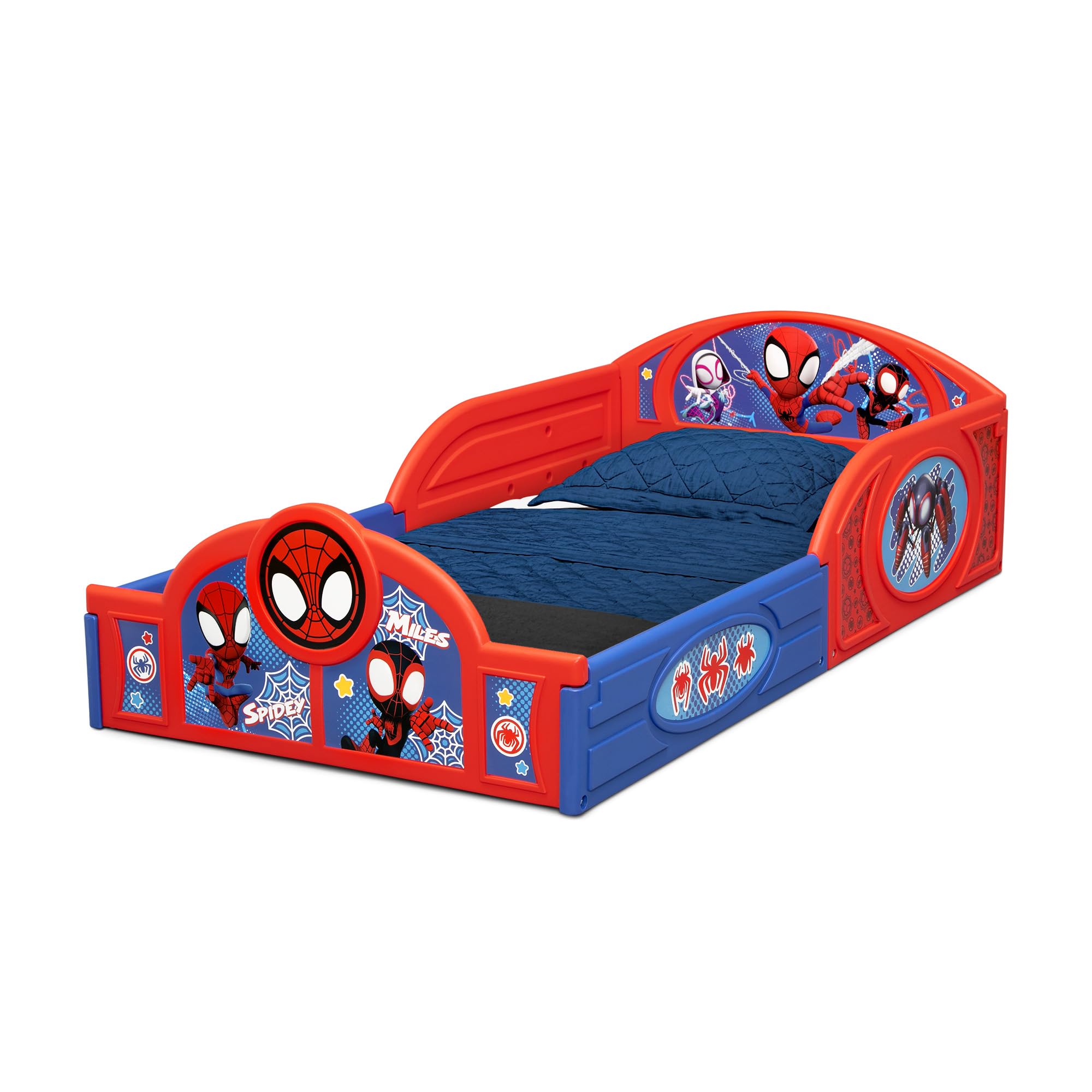 Marvel Spidey and His Amazing Friends 4-Piece Toddler Bedroom Set - Blue/Red Kids Furniture with Toddler Bed, Table, Chair & Fabric Toy Box | Perfect for Superhero-Themed Nursery & Playroom Decor