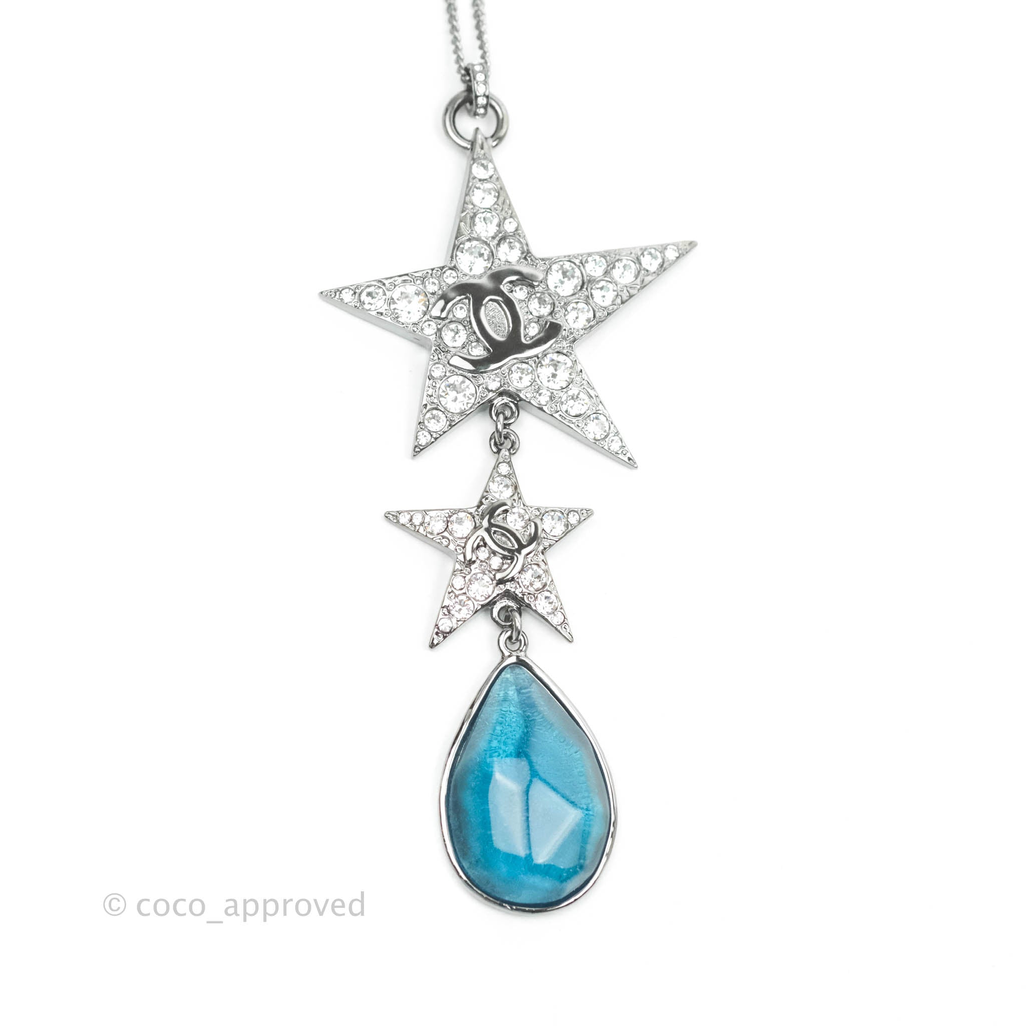 Chanel CC Crystal Star Blue Resin Tear Drop Choker Necklace in Gun Metal - 22C Collection | Elegant Statement Jewelry for Parties, Weddings & Special Occasions