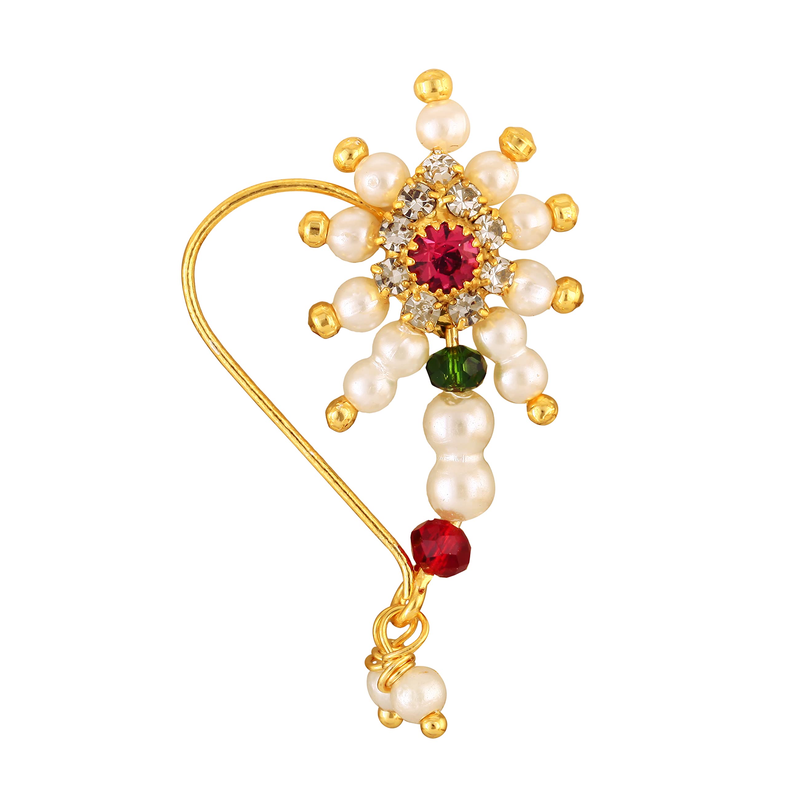 Vighnaharta Gold Plated Pearl & Artificial Stone Alloy Maharashtrian Cultural Nath Nose Ring | Valentine's Day Gift for Her/Him, Women's Traditional Jewelry [VFJ1214NTH-TAR-Multi] | Perfect for Weddings, Festivals & Cultural Events