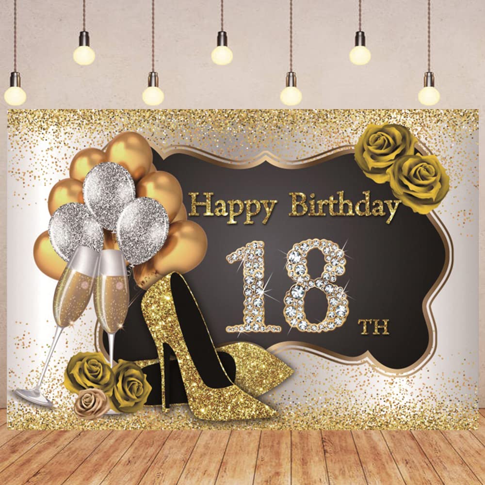 6x4ft Happy 18th Birthday Backdrop - Luxury Gold & Black Glitter Photography Background with Glitter Heels, Roses, Diamonds & Sequins - Perfect for Girls Party Decor, Photo Studio Props & Portrait Sessions
