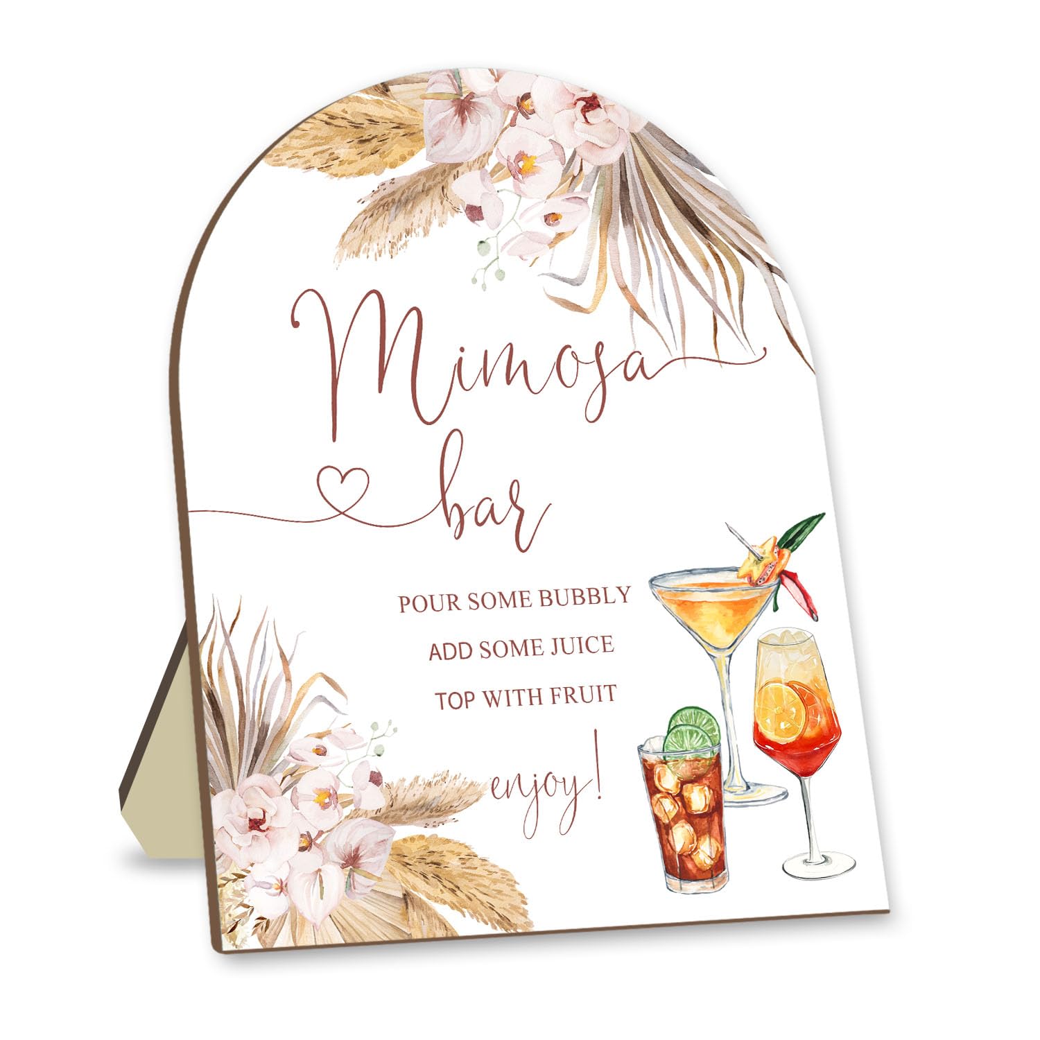 Boho Mimosa Bar Sign - Floral Wedding Decor, 8x10 Inch Wooden Tabletop Plaque for Bridal Showers, Brunch Parties & Home Decor