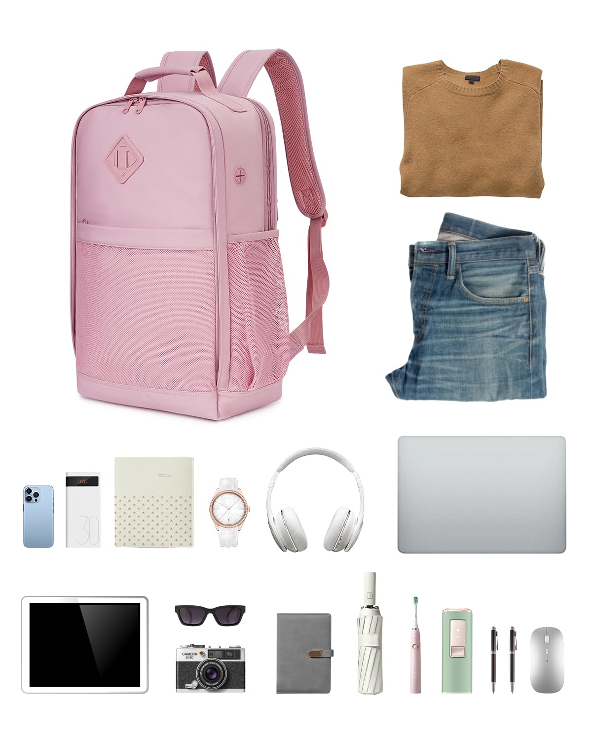 WANDF 15.6 Inch Travel Laptop Backpack for Women & Men - USB Charging Port, College Backpack, 18x14x8 Personal Item Bag - Perfect for Business Trips, Commuting & School
