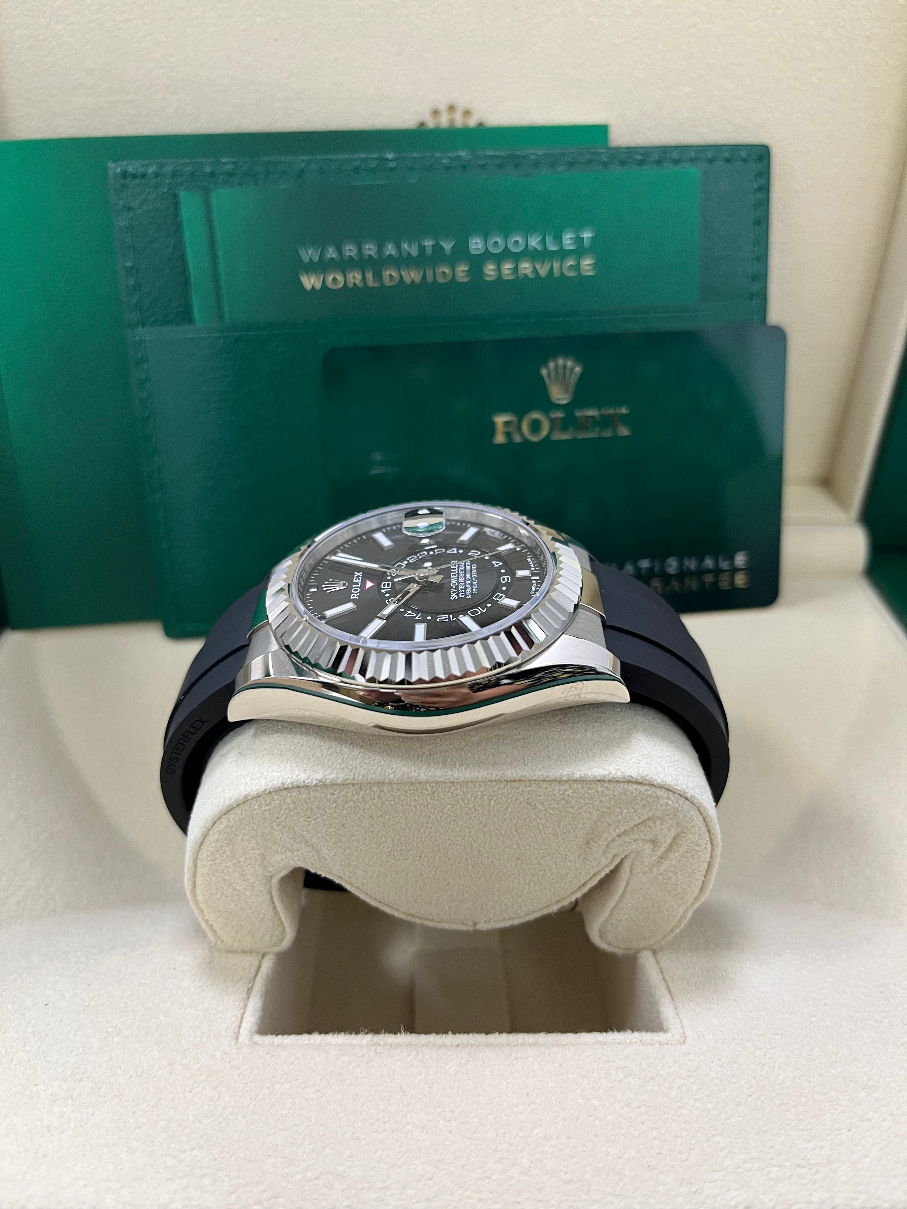 Rolex Sky-Dweller 42mm White Gold Watch with Fluted Bezel, Black Index Dial & Oysterflex Strap Ref. 336239 - Luxury GMT Master for Travel & Business Professionals