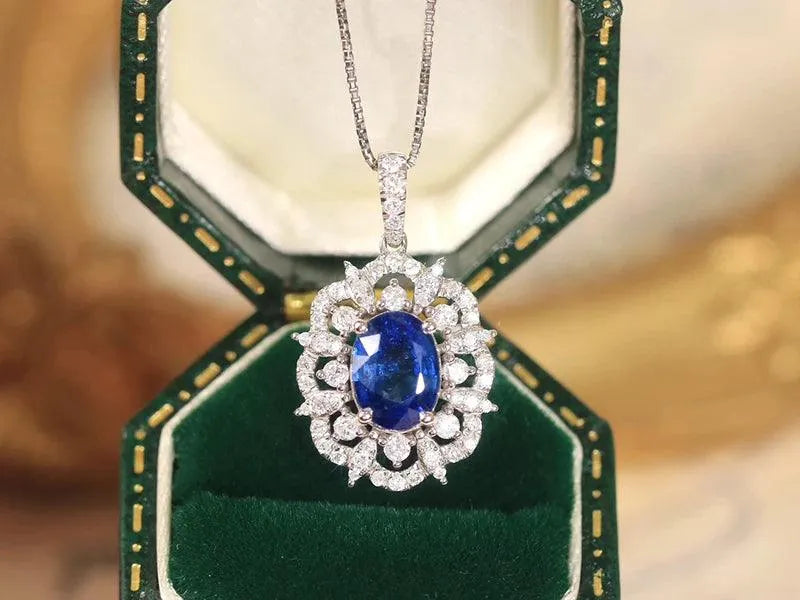 18K White Gold Blue Sapphire Pendant Necklace for Women - Natural Gemstone Diamond Jewelry, Classic & Elegant Gift for Birthday, Anniversary & Special Occasions