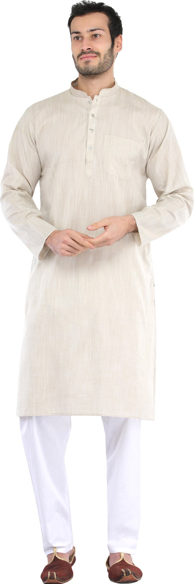 Exotic India Plain Cotton Kurta with White Pajama Set - Comfortable Traditional Indian Outfit for Men | Perfect for Festivals, Weddings & Casual Wear