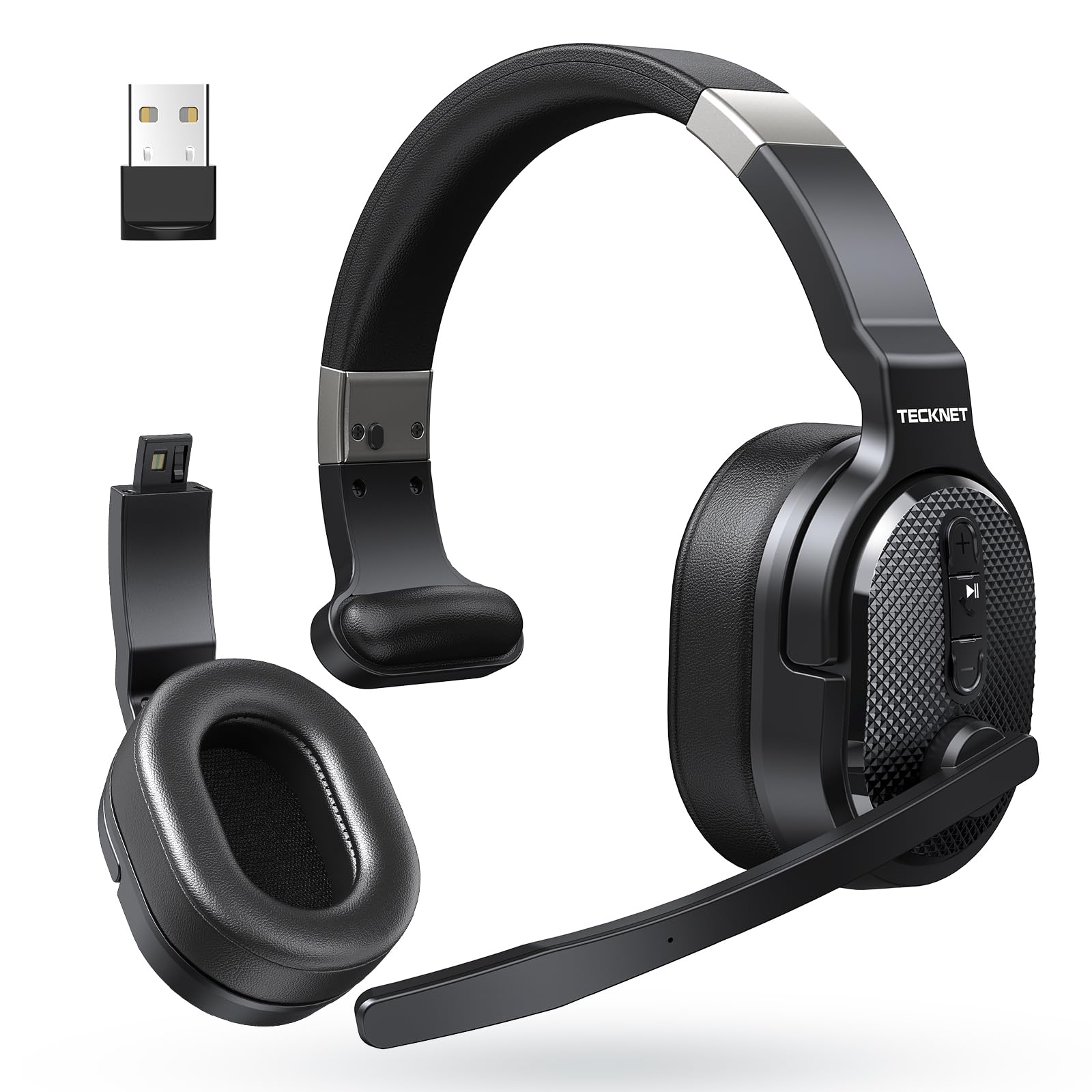 TECKNET Bluetooth Trucker Headset - 40Hrs Battery Life, Wireless Headset with Noise Cancelling Mic & 3 EQ Modes for PC, Drivers, Office & Call Center | Perfect for Long Work Shifts, Hands-Free Calls & Clear Audio in Noisy Environments