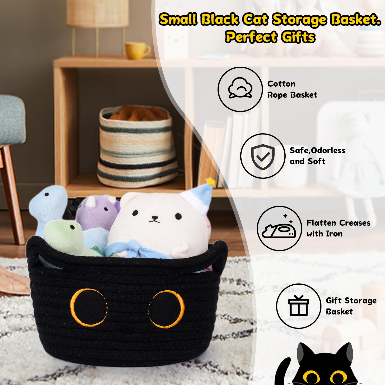 Black Cat Cotton Rope Storage Basket - 8.5×4.5 Inch Woven Nursery Organizer for Baby Blankets, Toys & Gifts | Perfect for Pet Lovers, Nursery Decor & Home Organization