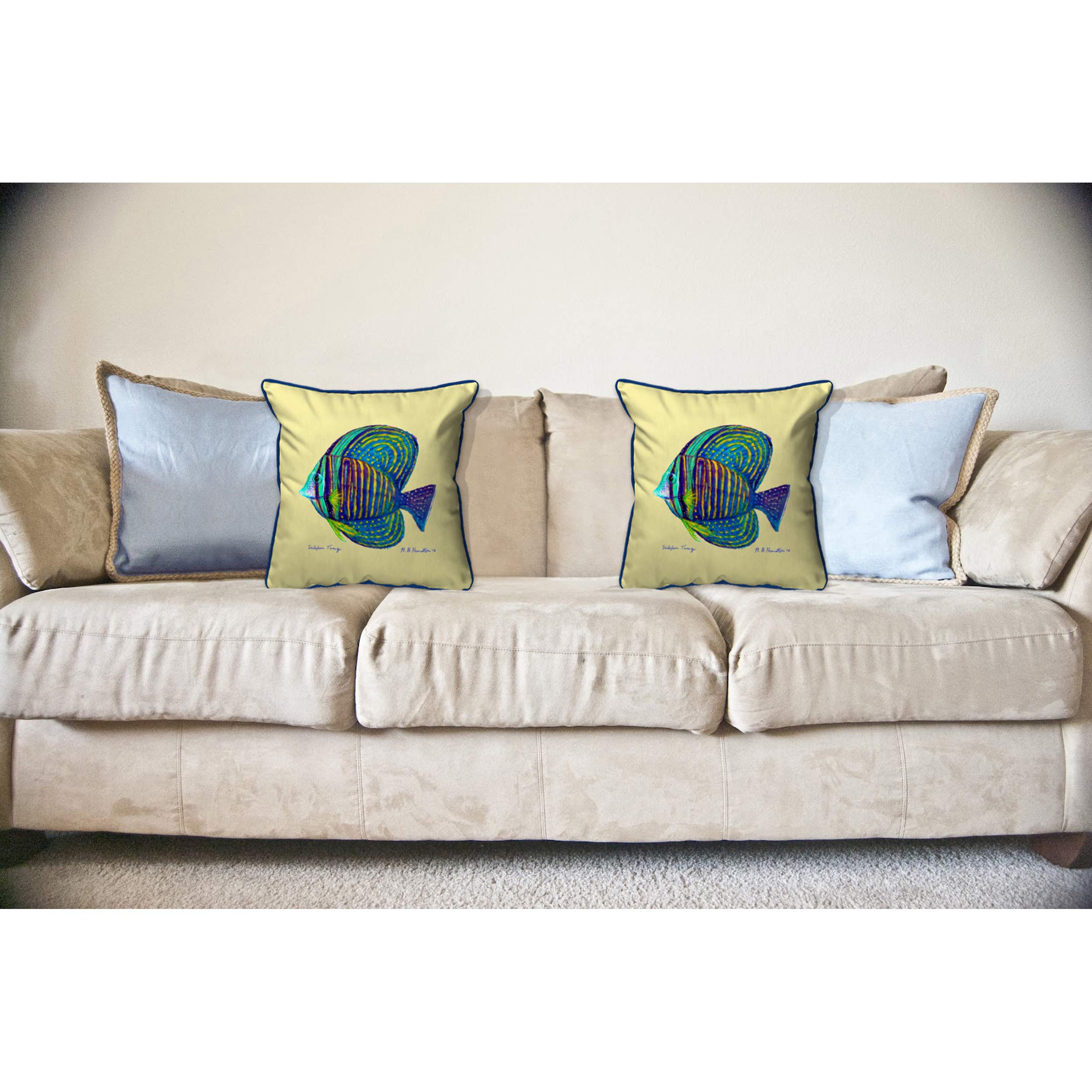 Betsy Drake Sailfin Tang Yellow Decorative Throw Pillow 18x18 Inches - Soft Indoor/Outdoor Cushion for Sofa, Bed, Patio & Poolside Decor