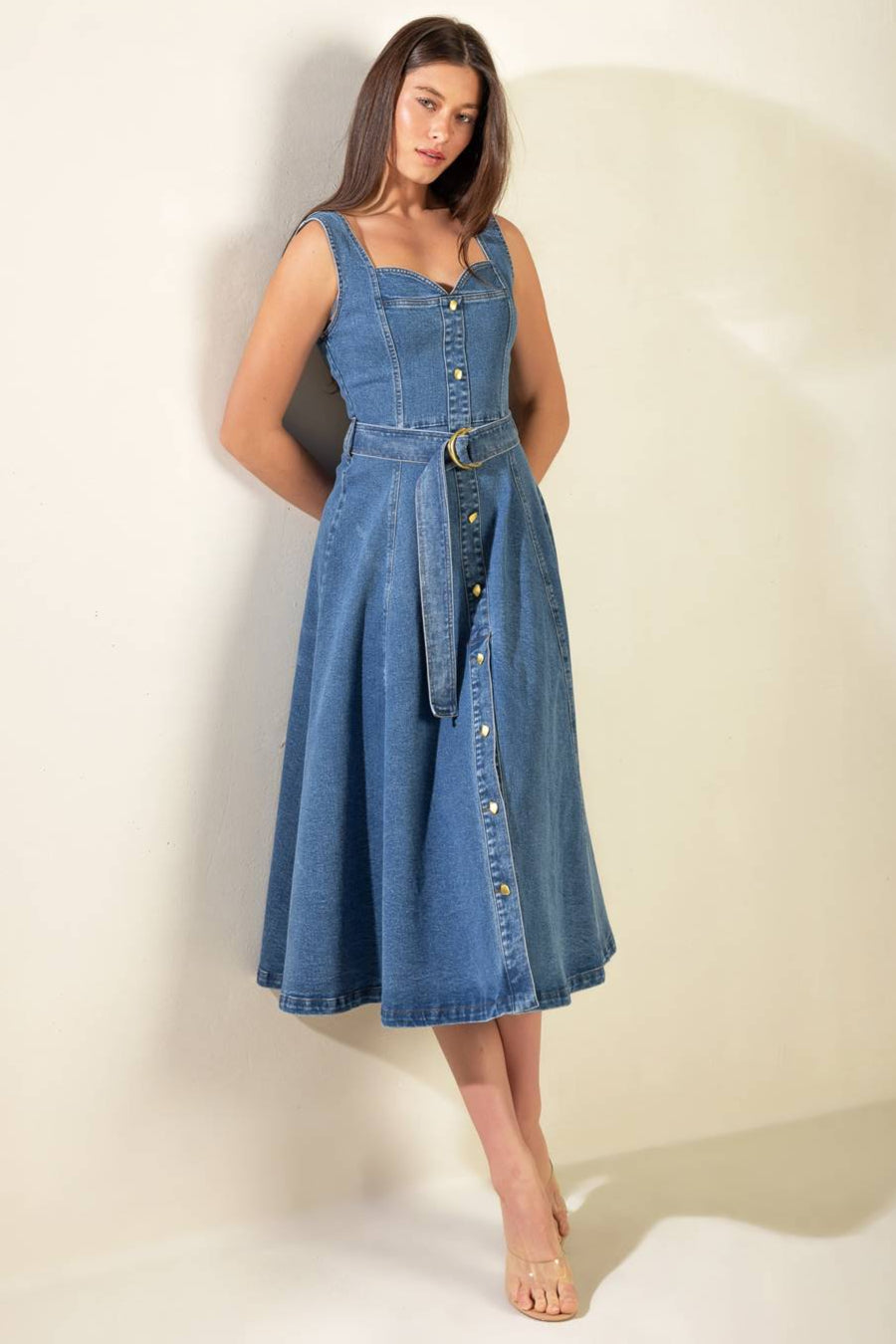 FRIDAY FEELS Sweetheart Denim Midi Dress - Women's Vintage Inspired Blue Jean Dress for Date Night & Casual Outings