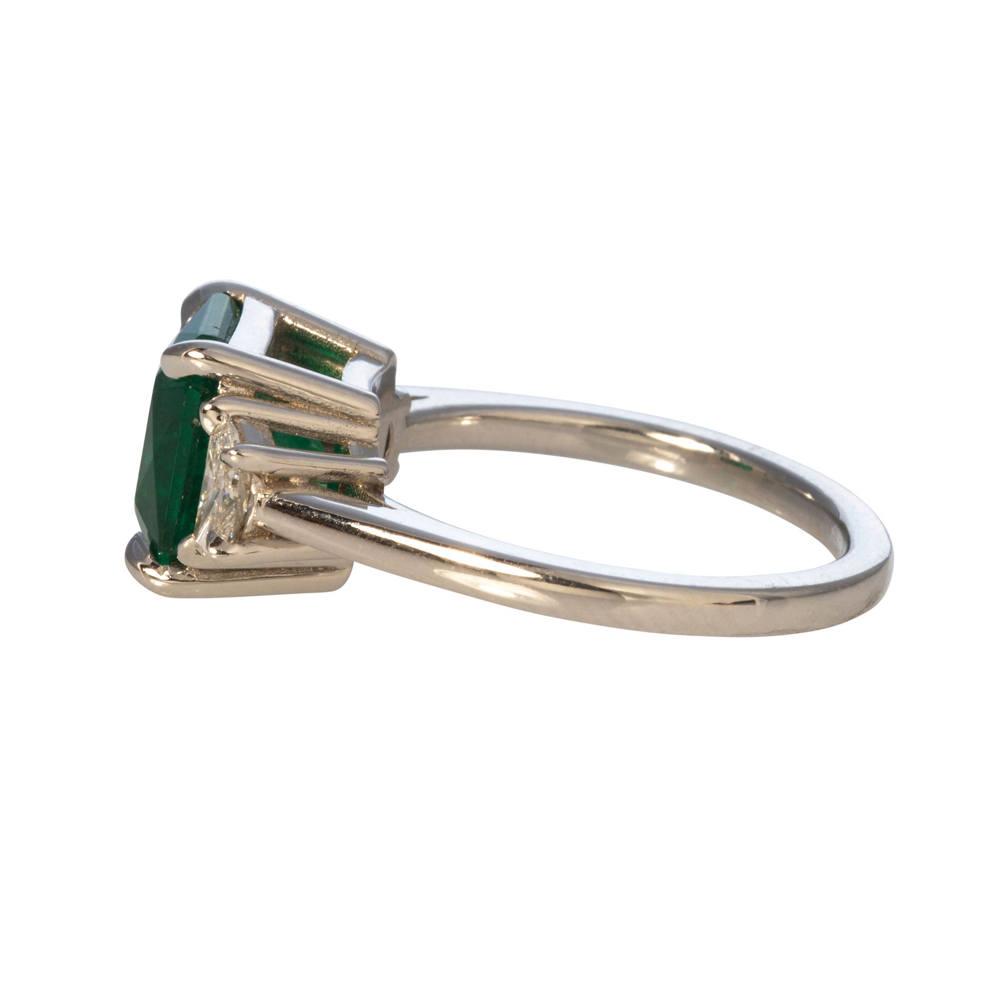3ct Square Emerald & Half Moon Diamond Three Stone Platinum Ring - Elegant Engagement & Wedding Jewelry for Women
