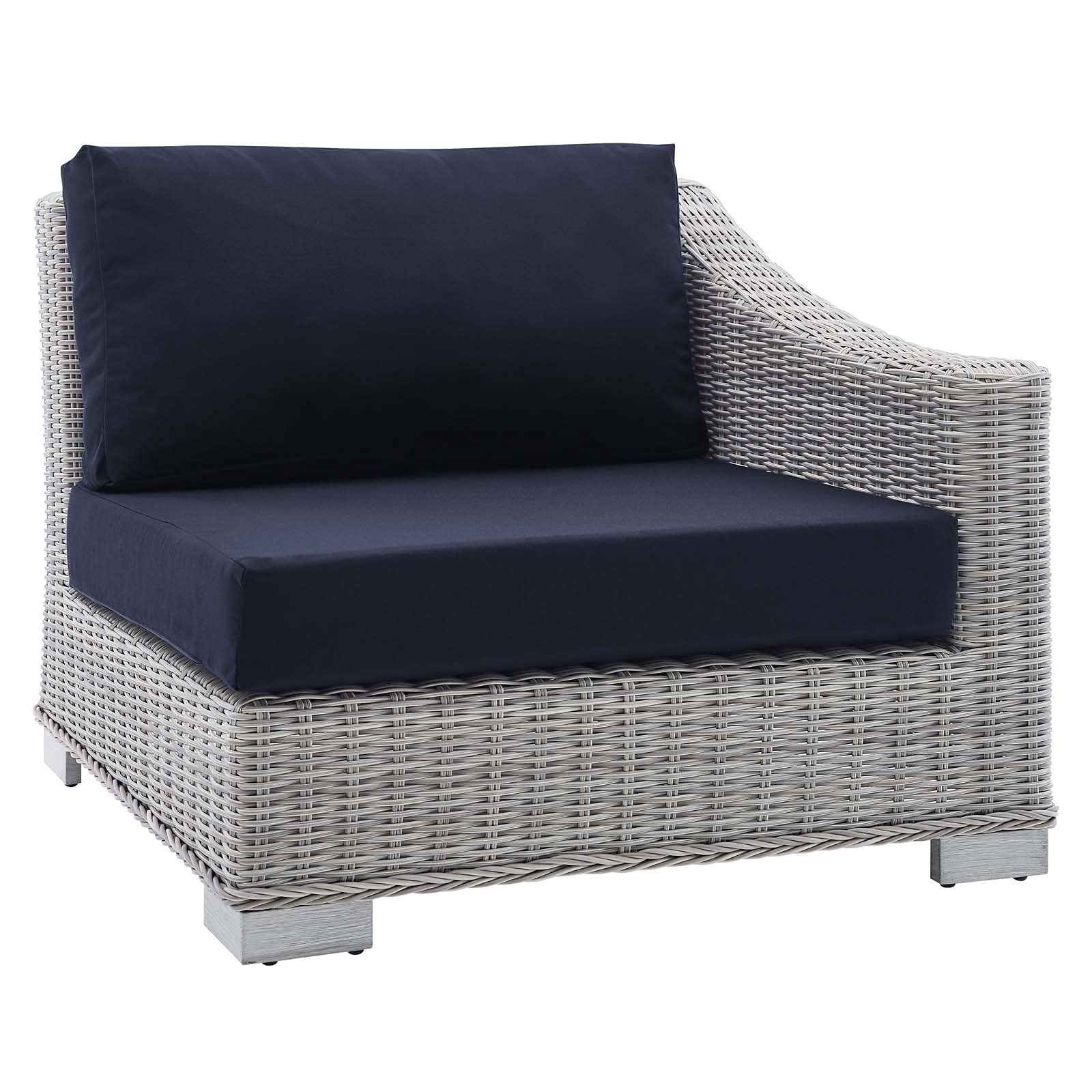 Modern Grey Blue Navy Sunbrella Rattan Wicker Lounge Chair for Outdoor Patio, Balcony, and Bistro Relaxation