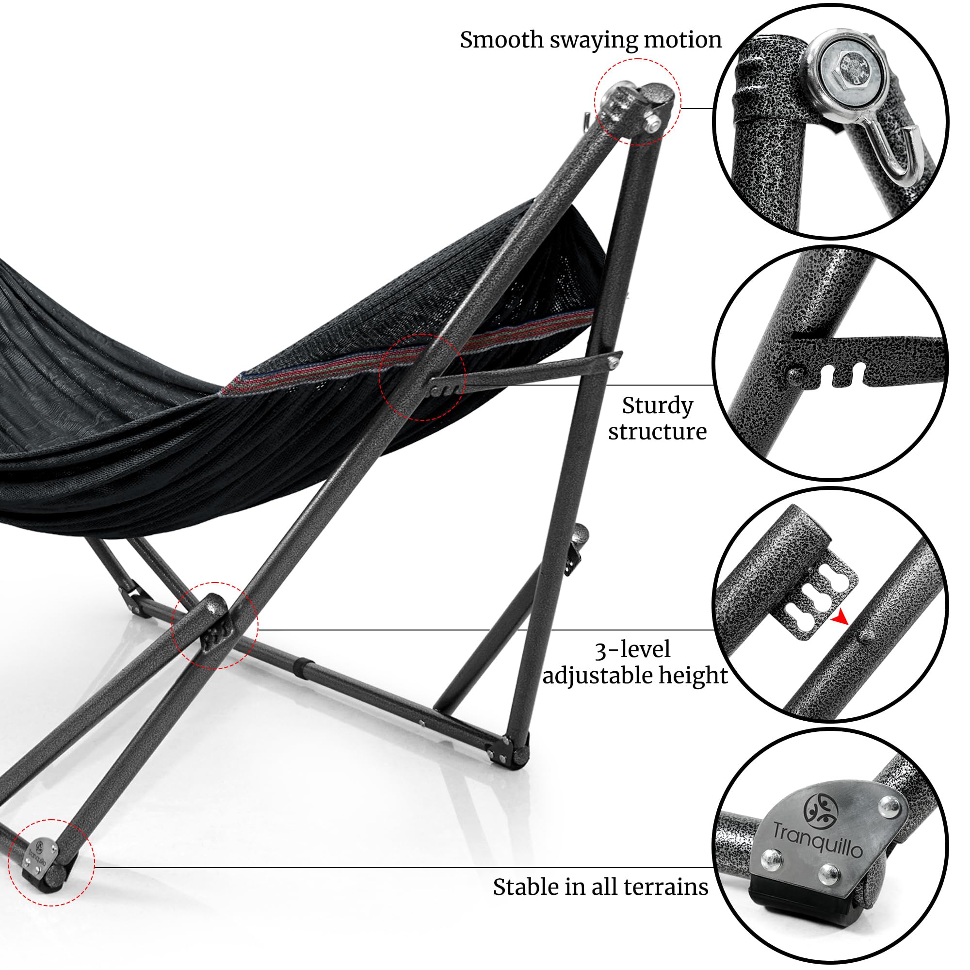 Premium Tranquillo Hammock Stand - 600 lbs Weight Capacity, Instant 20-Second Setup, Foldable & Portable for 2-Person Camping - No Screws Needed - Includes 3-Year Warranty (Black) - Perfect for Backyard Relaxation, Beach Trips & Outdoor Adventures