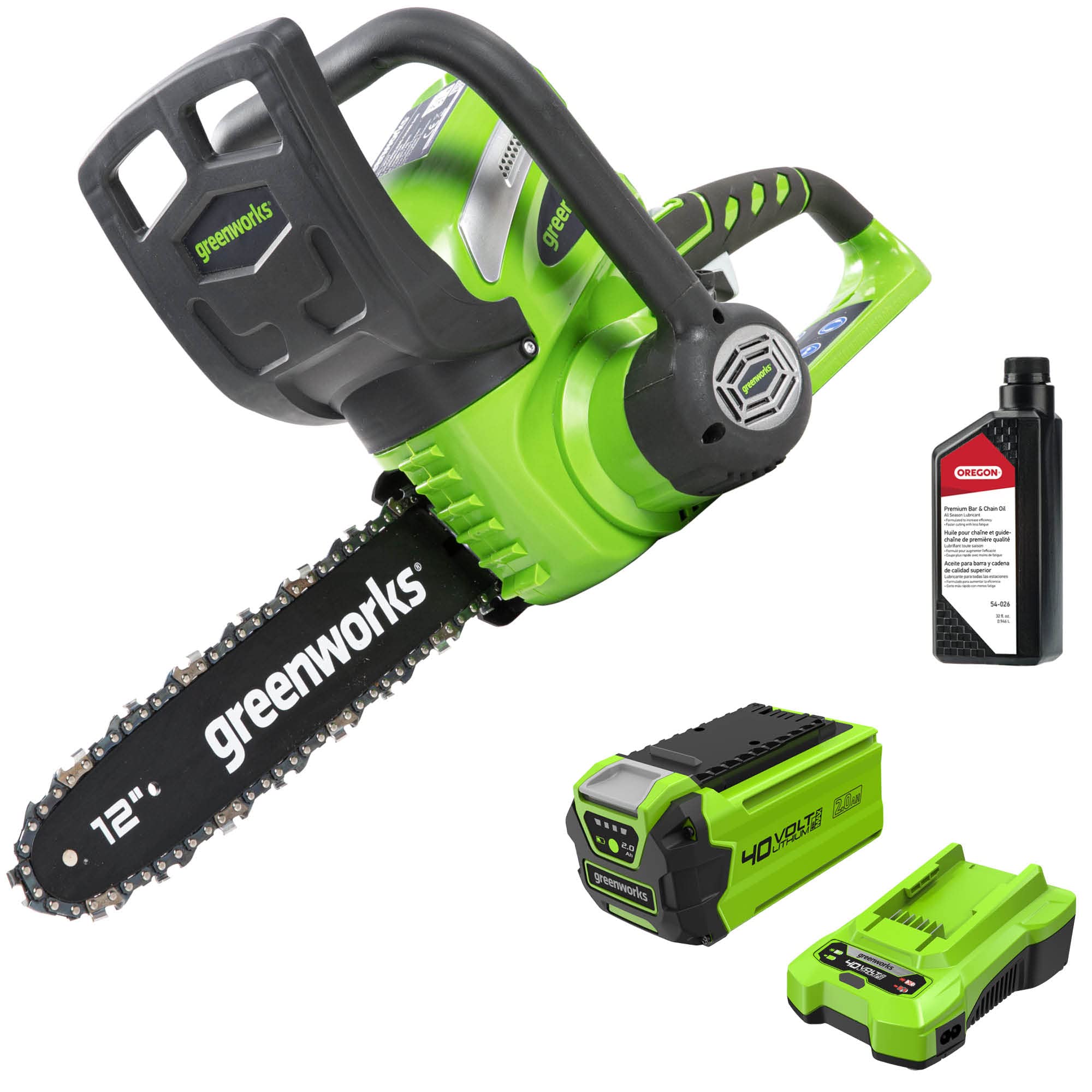 Greenworks 40V Cordless Chainsaw 12-Inch with 2.0AH Battery & Charger | Oregon 54-026 Bar and Chain Oil 1 Quart | Perfect for Tree Trimming, Firewood Cutting & Yard Maintenance
