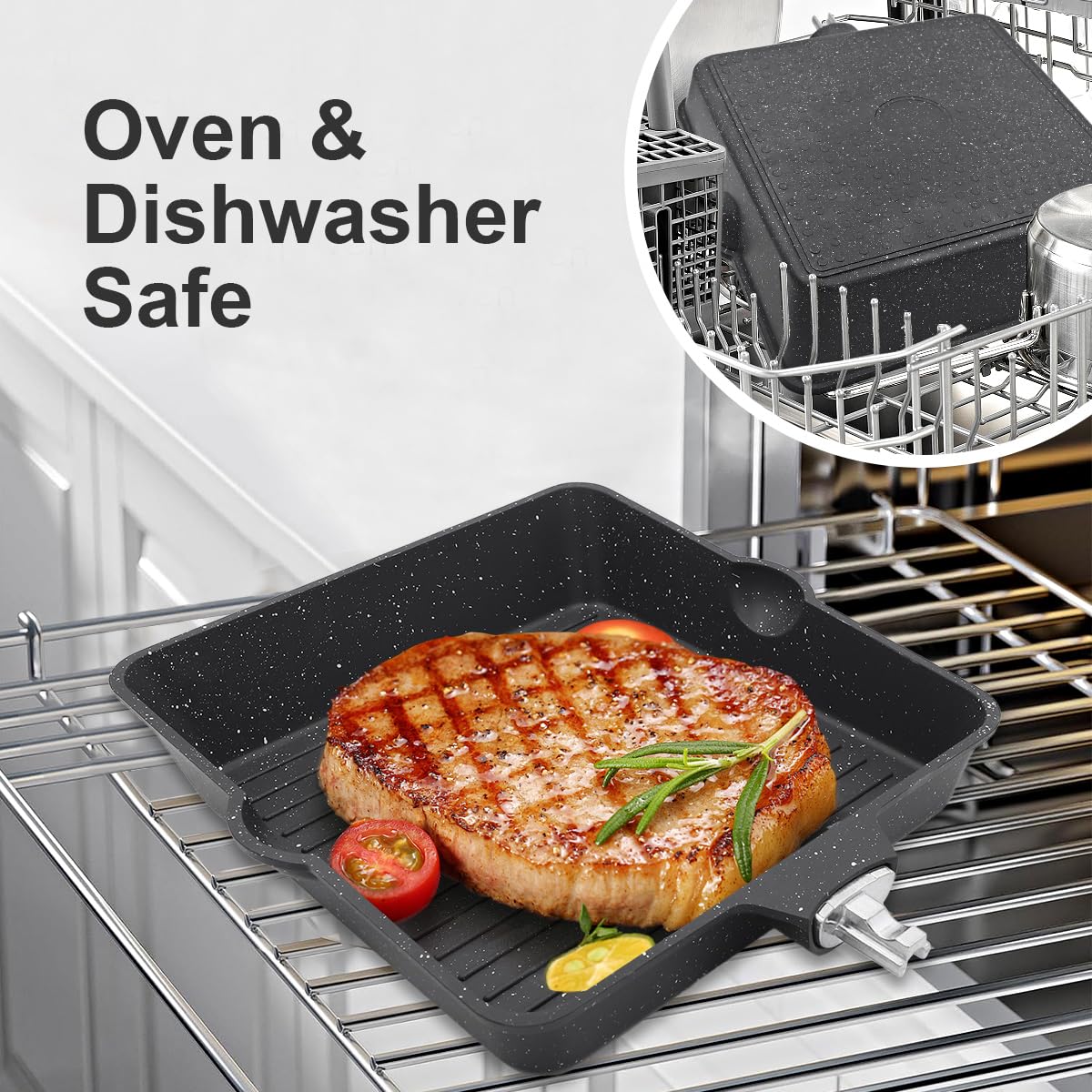 Nonstick Square Grill Pan 9.5 Inch - Cast Aluminum Steak Pan with Removable Handle, Oven & Dishwasher Safe, Double Pour Spouts, Black - Perfect for Grilling Steaks, Burgers, and Vegetables Indoor or Outdoor