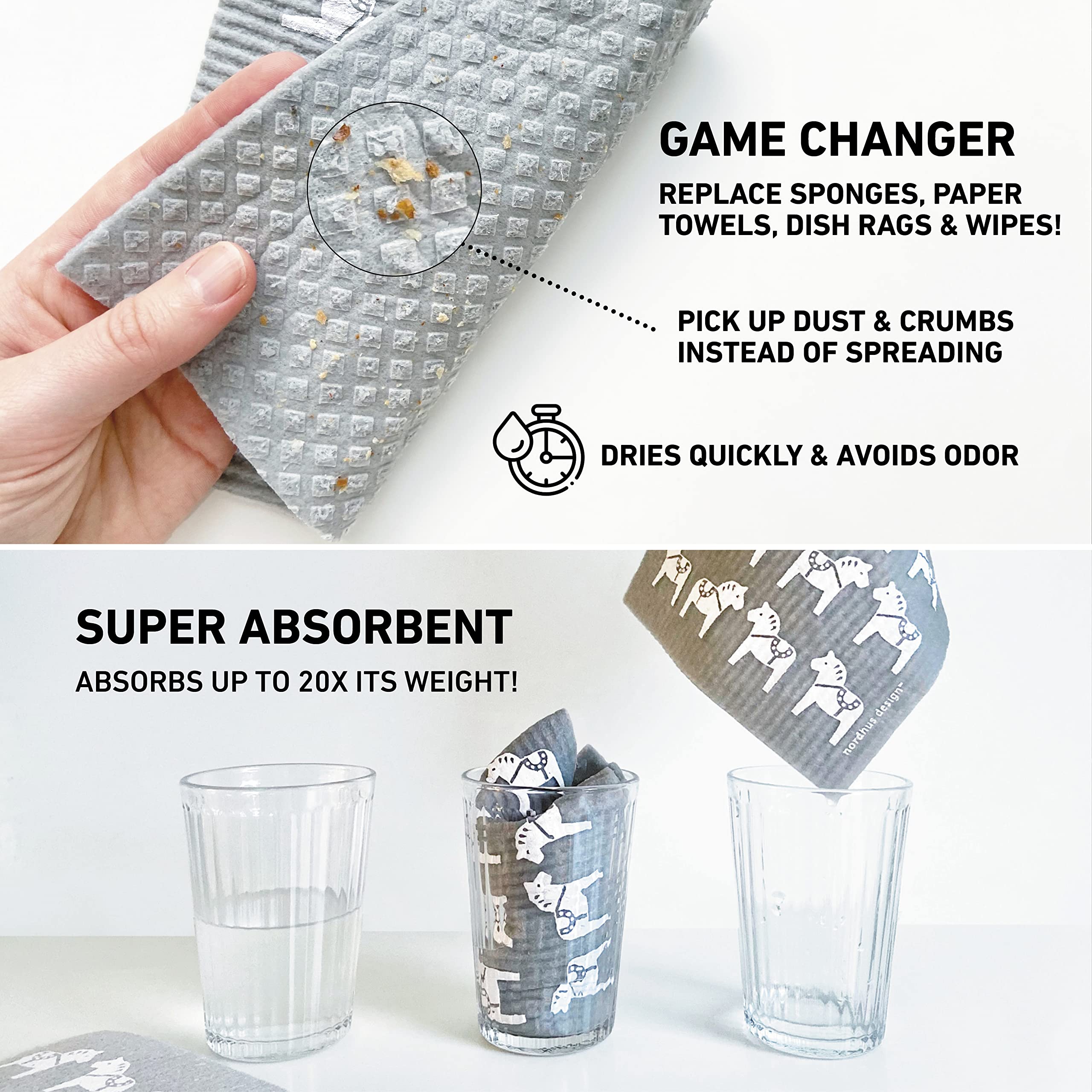 Premium Swedish Dishcloths - 10 Pack Grey Reusable & Washable Cellulose Cotton Kitchen Towels | Eco-Friendly Alternative to Paper Towels, Sponges & Dish Rags | Made in Sweden | Perfect for Dishwashing, Counter Cleaning & Household Chores