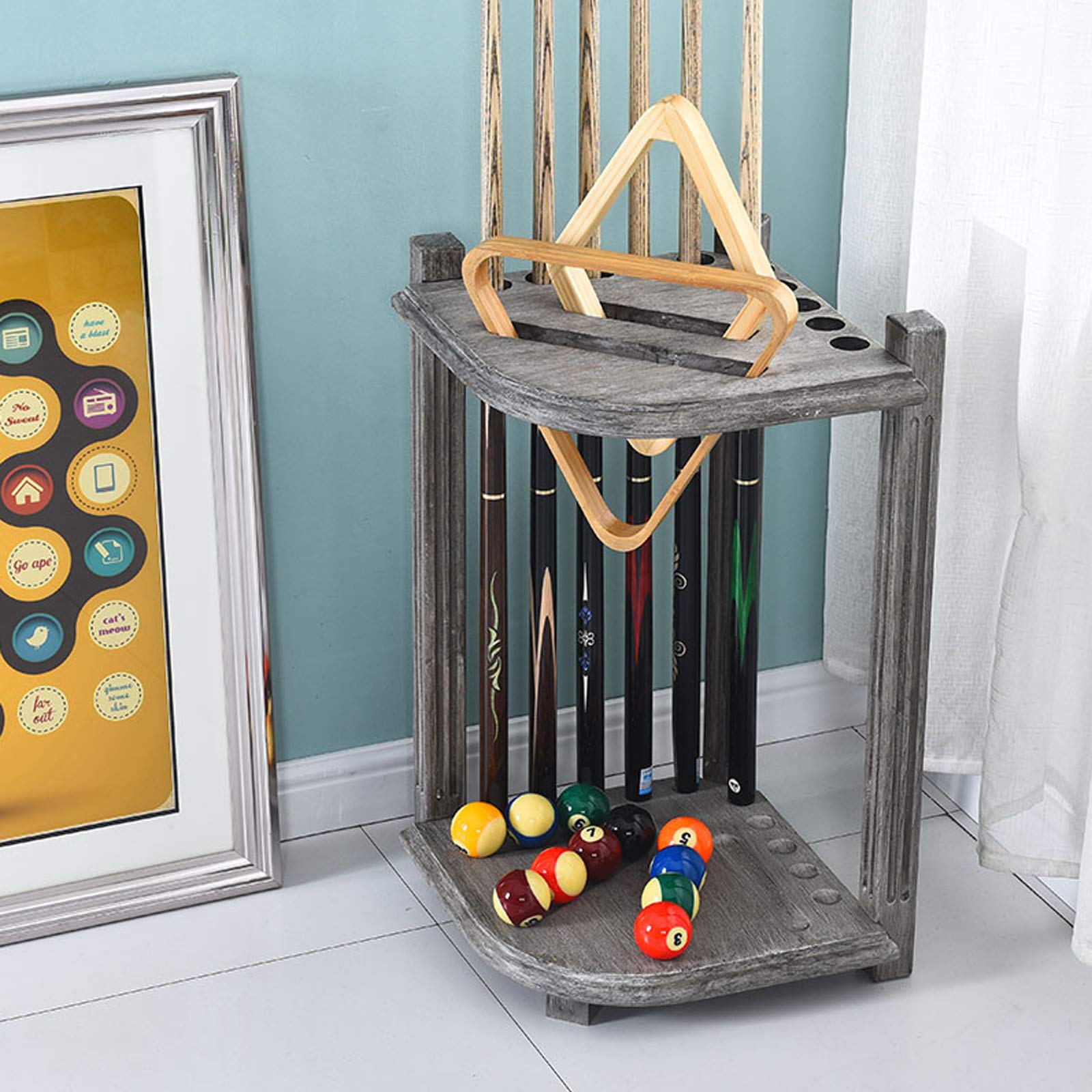 **AILILI Solid Wood Pool Cue Rack - 27x15x15in Billiard Stick Stand, Retro Style Silver Grey Finish, Holds 10 Cues - Corner Floor Cue Holder for Pool Bars, Clubs & Game Rooms**
