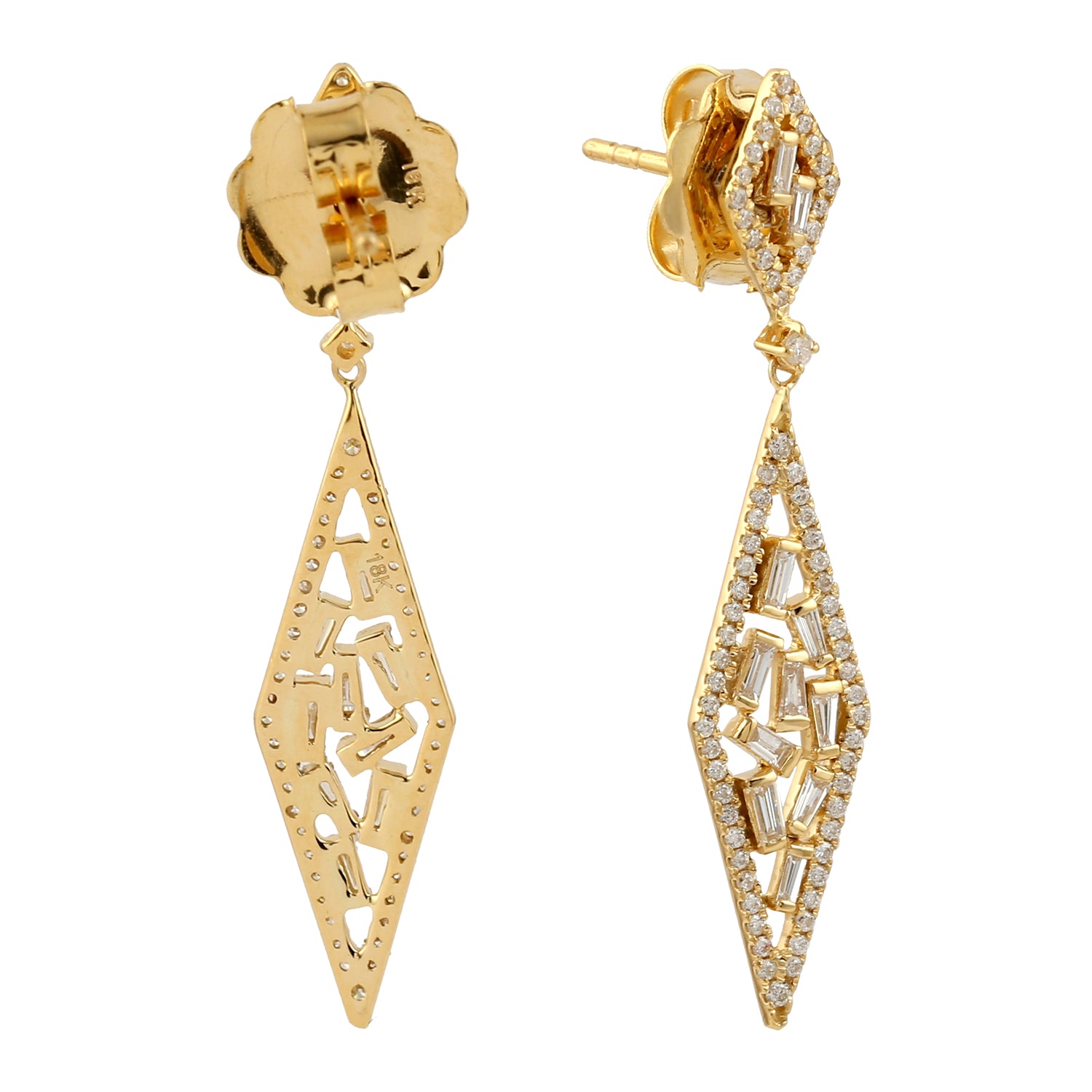 18K Yellow Gold Baguette Cut Diamond Geometric Earrings - Elegant Dangle Earrings for Women, Perfect for Weddings, Parties & Special Occasions