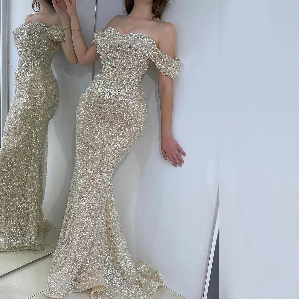 Elegant Mermaid Evening Dresses for Women - Luxury Pearl Beaded Dubai Arabian Style Wedding Gowns 2025 | Perfect for Weddings, Galas & Formal Parties