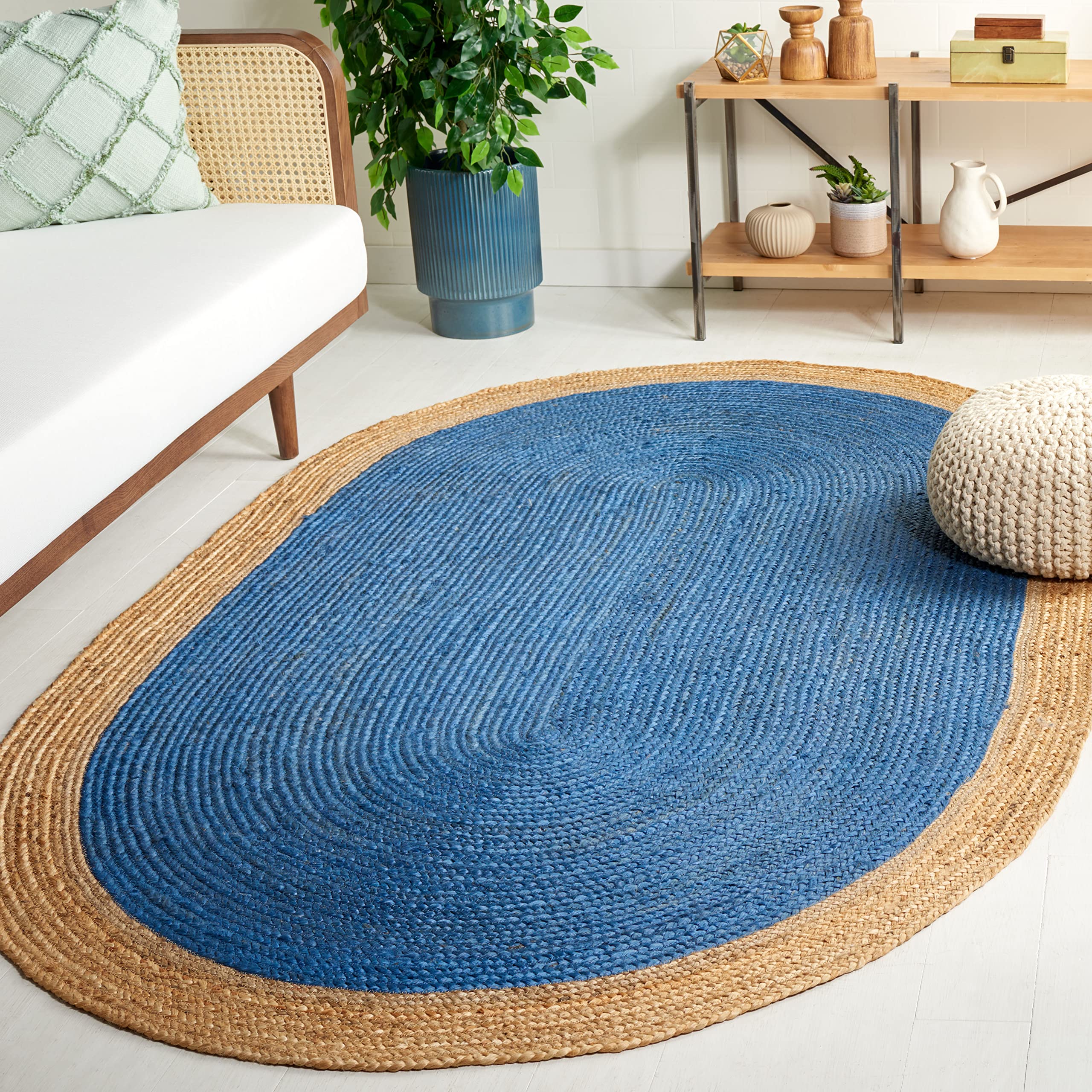 SAFAVIEH Handmade Boho Braided Jute Area Rug - 5' x 8' Oval, Royal Blue & Natural, Natural Fiber Collection for Living Room & Bedroom | Durable High-Traffic Rug for Boho & Coastal Home Decor (NF801D)