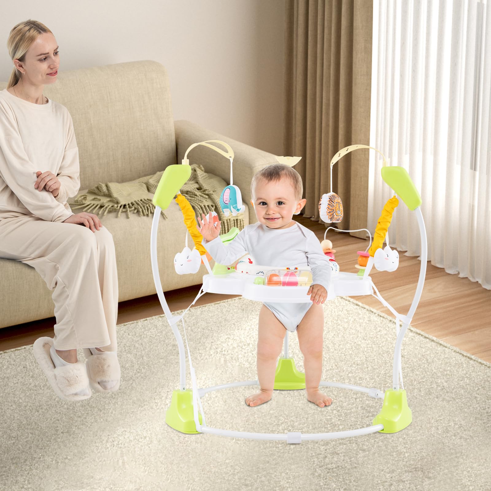 HONEY JOY Baby Bouncer Activity Center - 360° Rotating Jumperoo with Music, Lights & Developmental Toys | 3 Adjustable Heights for Infants 6-12 Months | Interactive Play Mat & Sound Effects | Perfect for Playtime, Learning & Motor Skill Development (Yellow)