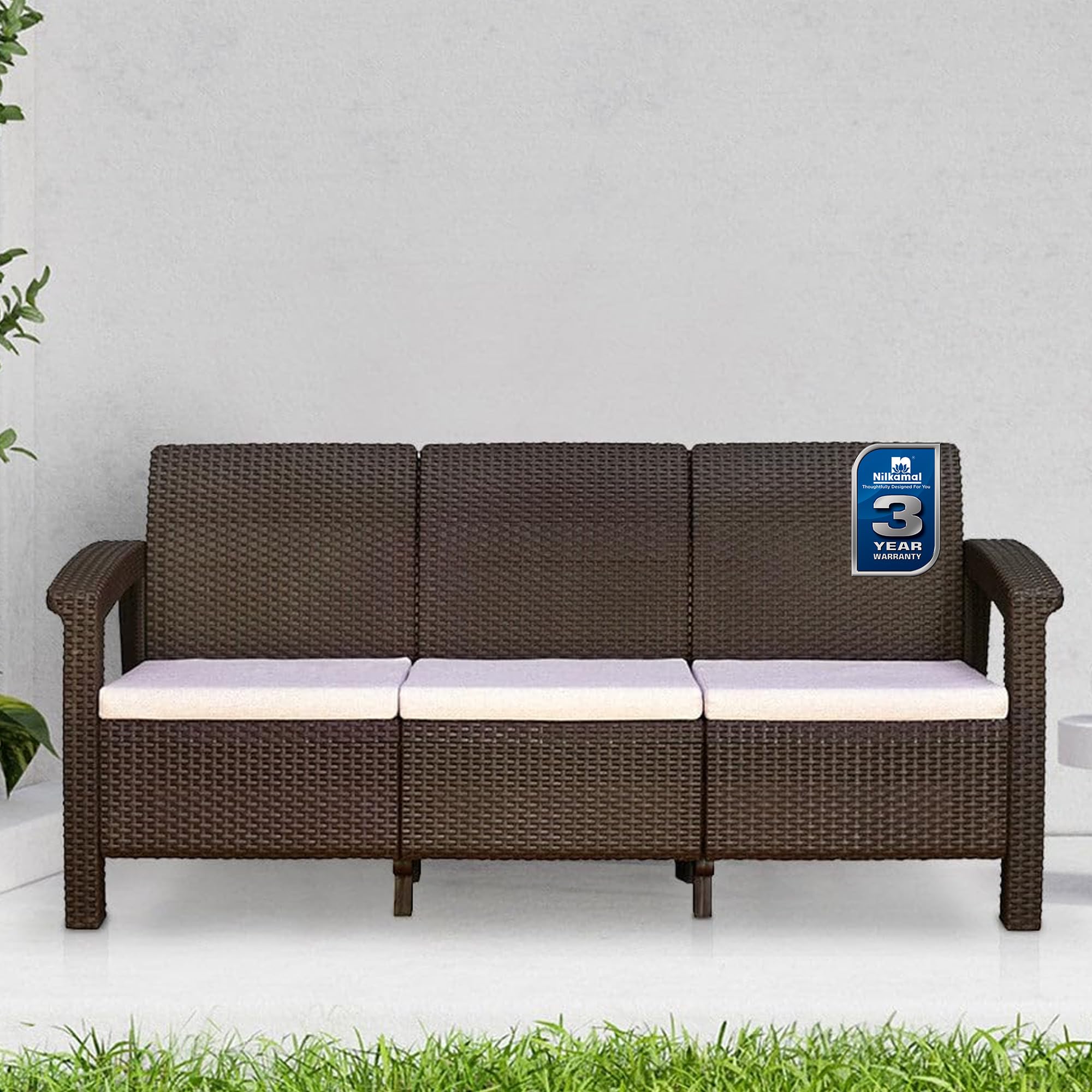 Nilkamal Goa 3-Seater Balcony Sofa with Cushion - Weather-Resistant Indoor & Outdoor Patio Furniture Set - Perfect for Gardens, Poolside, Cafes, Restaurants, and Terraces in Weathered Brown | Ideal for Relaxing, Entertaining, and Outdoor Dining