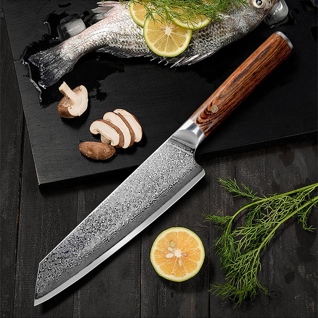Ompusos 8 Inch Chef Knife - Ultra Sharp Japanese Damascus Kitchen Knife with VG-10 High Carbon Stainless Steel Blade & Ergonomic Wooden Handle - Perfect for Home Cooking, Professional Chefs, and Restaurant Use - Comes in Elegant Gift Box
