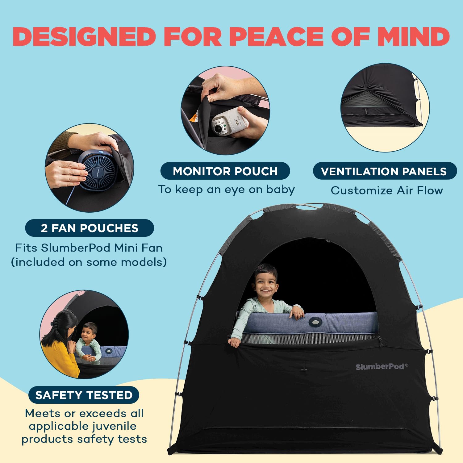 **SlumberPod Blackout Sleep Tent for Baby - Portable Travel Essential with Fan & Sound Machine | Blocks 95% Light for Mini Crib & Pack n Play | Includes 2 Pouches & Breathable Fabric - Perfect for Travel, Camping & Nursery**