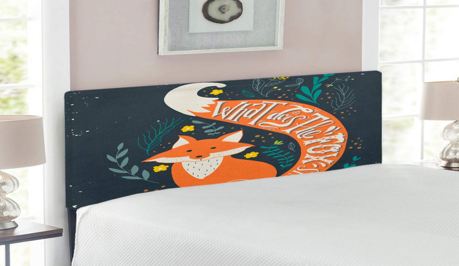 Ambesonne Vintage Upholstered Metal Headboard with Memory Foam - Queen Size Fox & Hipster Animals Habitat Illustration - Decorative Bed Headboard for Modern Bedroom Decor | Perfect for Guest Rooms, Dorms & Cozy Bedroom Makeovers